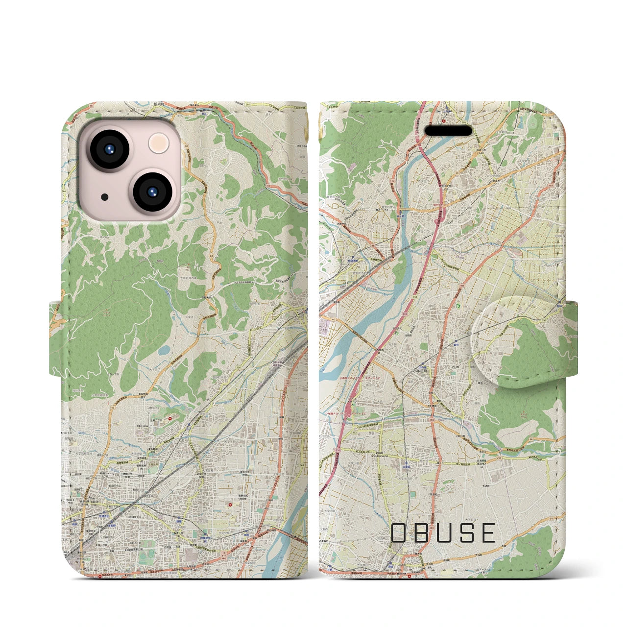 【小布施(長野県)】地図柄iPhoneケース(手帳タイプ)ナチュラル・iPhone 13 mini 用