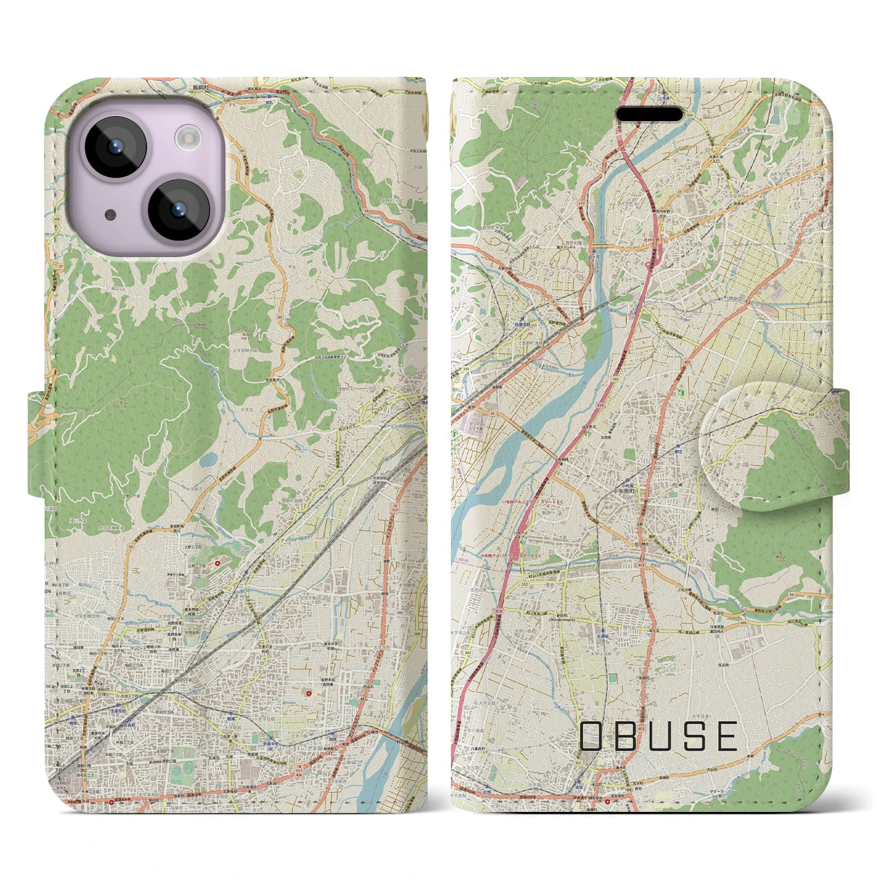 【小布施(長野県)】地図柄iPhoneケース(手帳タイプ)ナチュラル・iPhone 14 用
