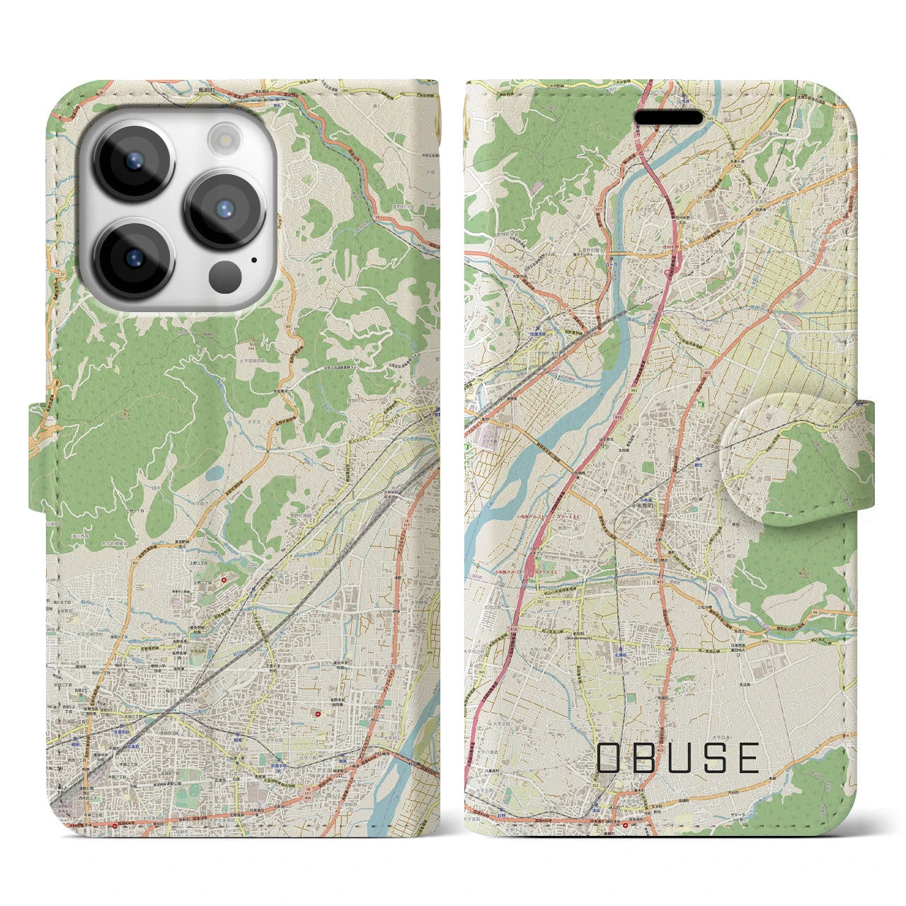 【小布施(長野県)】地図柄iPhoneケース(手帳タイプ)ナチュラル・iPhone 14 Pro 用