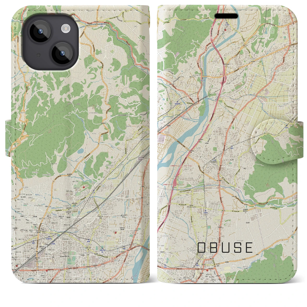 【小布施(長野県)】地図柄iPhoneケース(手帳タイプ)ナチュラル・iPhone 14 Plus 用