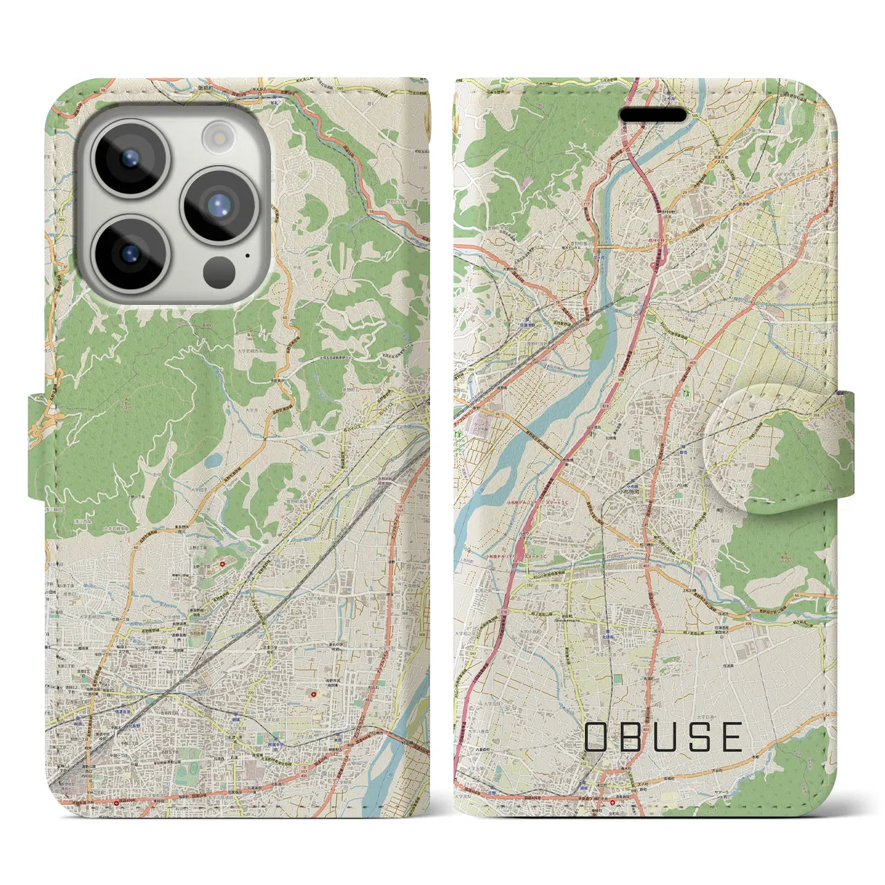 【小布施(長野県)】地図柄iPhoneケース(手帳タイプ)ナチュラル・iPhone 15 Pro 用