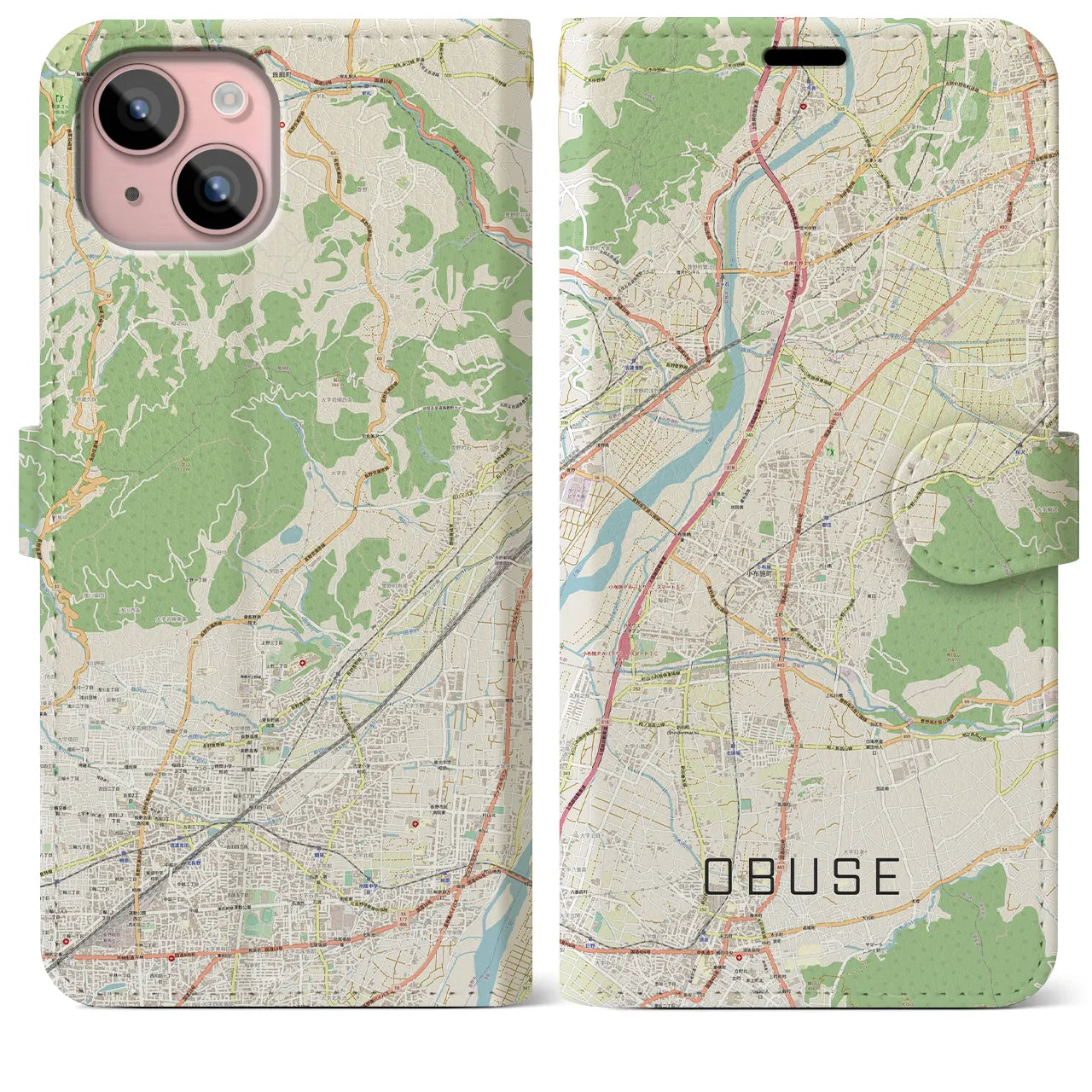 【小布施(長野県)】地図柄iPhoneケース(手帳タイプ)ナチュラル・iPhone 15 Plus 用