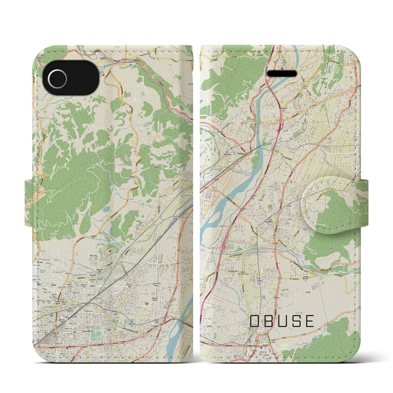 【小布施(長野県)】地図柄iPhoneケース(手帳タイプ)ナチュラル・iPhone SE(第3 / 第2世代) / 8 / 7 / 6s / 6 用