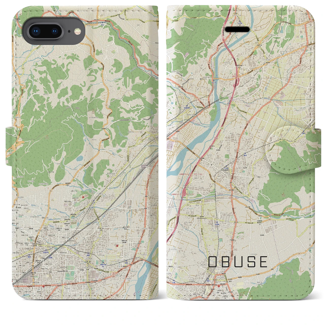 【小布施(長野県)】地図柄iPhoneケース(手帳タイプ)ナチュラル・iPhone 8Plus /7Plus / 6sPlus / 6Plus 用