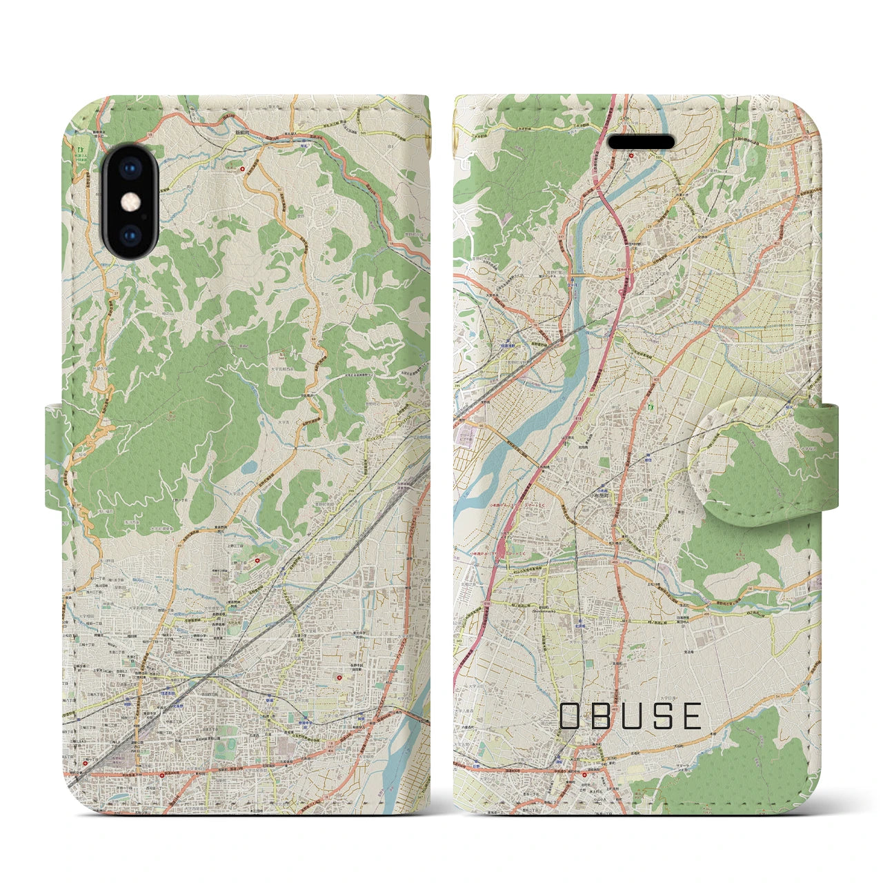 【小布施(長野県)】地図柄iPhoneケース(手帳タイプ)ナチュラル・iPhone XS / X 用