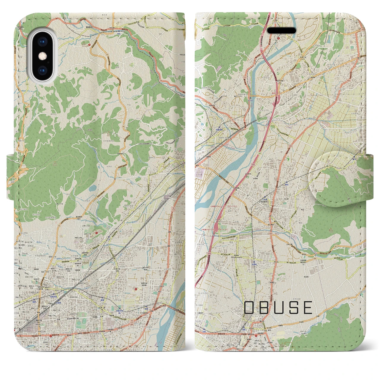 【小布施(長野県)】地図柄iPhoneケース(手帳タイプ)ナチュラル・iPhone XS Max 用