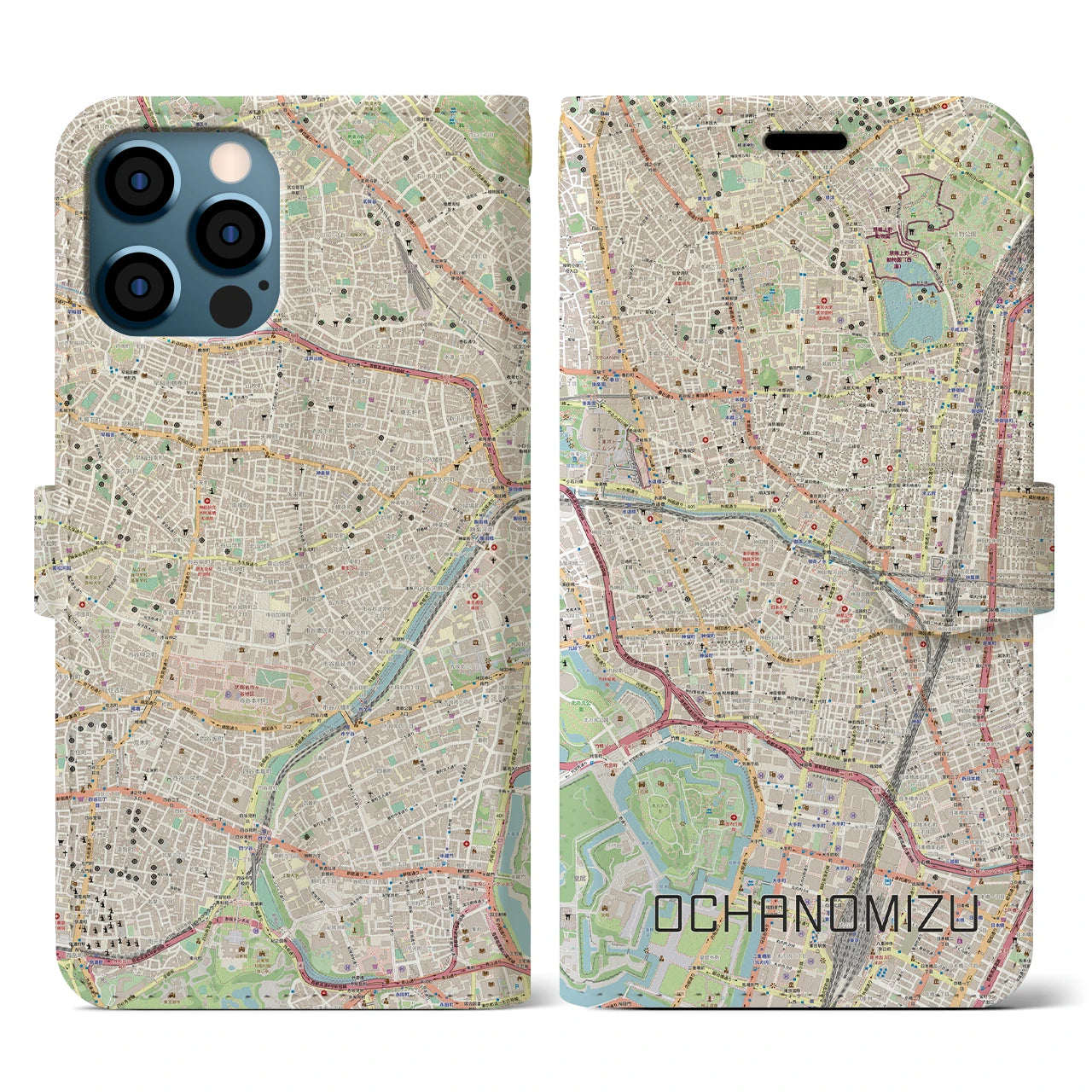 【御茶ノ水(東京都)】地図柄iPhoneケース(手帳タイプ)ナチュラル・iPhone 12 / 12 Pro 用
