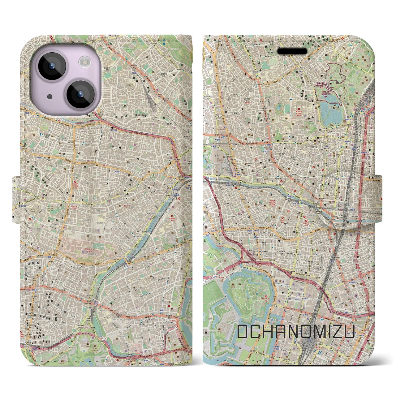 【御茶ノ水(東京都)】地図柄iPhoneケース(手帳タイプ)ナチュラル・iPhone 14 用