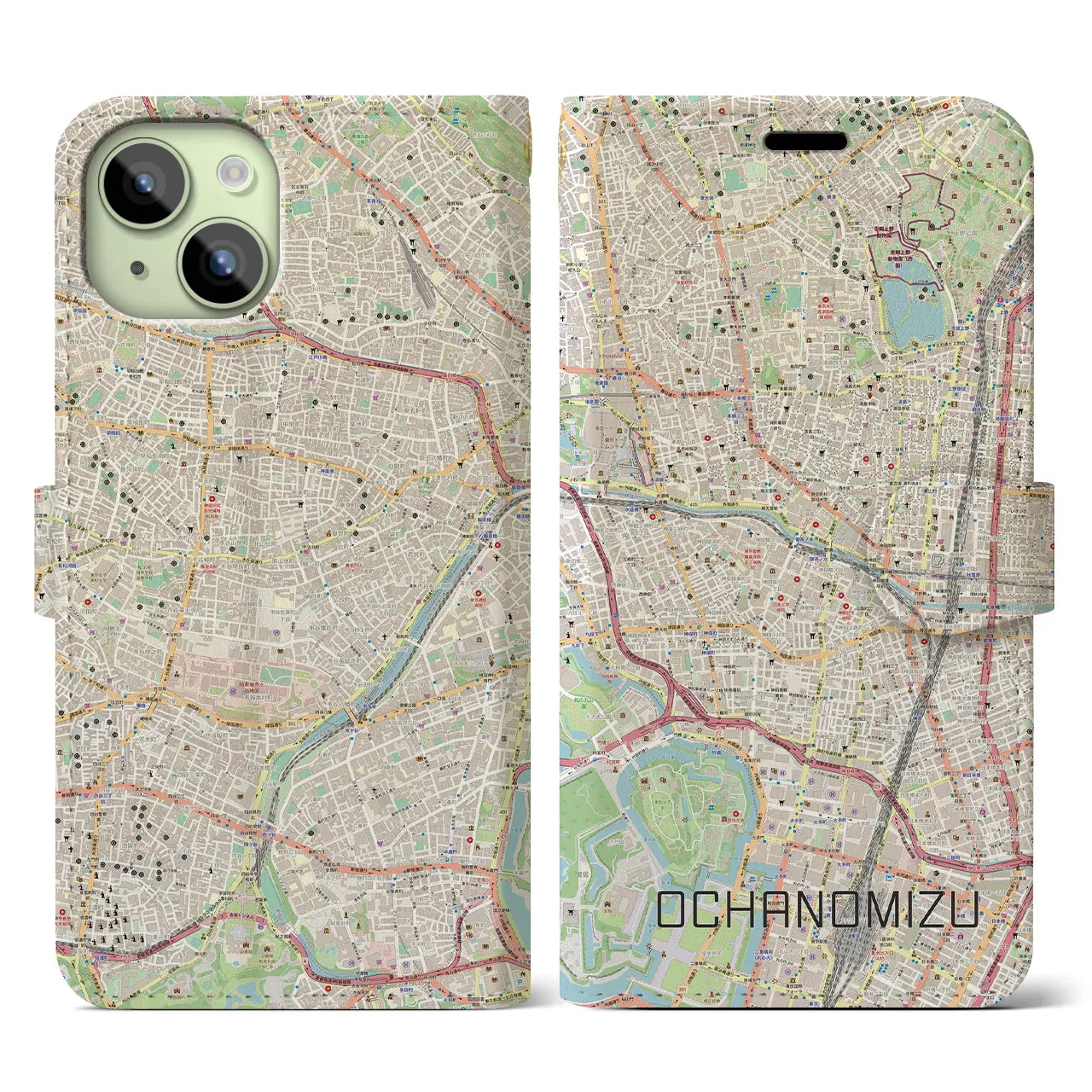 【御茶ノ水(東京都)】地図柄iPhoneケース(手帳タイプ)ナチュラル・iPhone 15 用