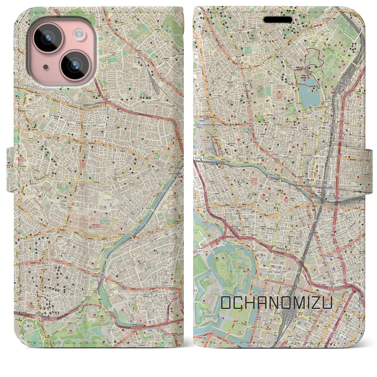 【御茶ノ水(東京都)】地図柄iPhoneケース(手帳タイプ)ナチュラル・iPhone 15 Plus 用