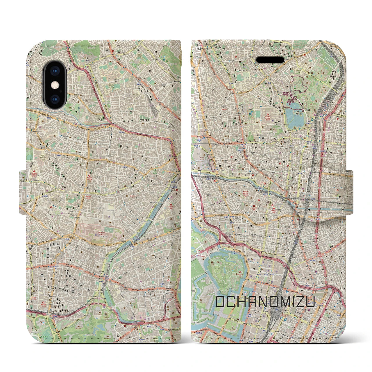 【御茶ノ水(東京都)】地図柄iPhoneケース(手帳タイプ)ナチュラル・iPhone XS / X 用