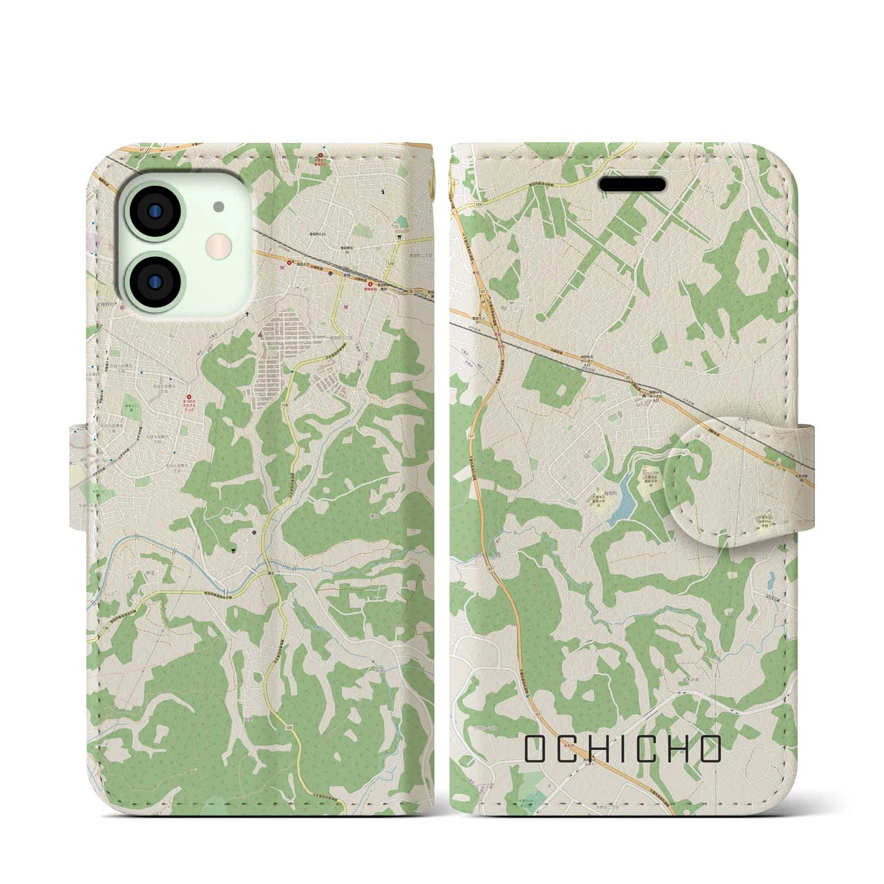 【越智町(千葉県)】地図柄iPhoneケース(手帳タイプ)ナチュラル・iPhone 12 mini 用