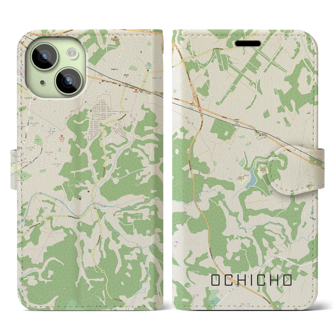【越智町(千葉県)】地図柄iPhoneケース(手帳タイプ)ナチュラル・iPhone 15 用