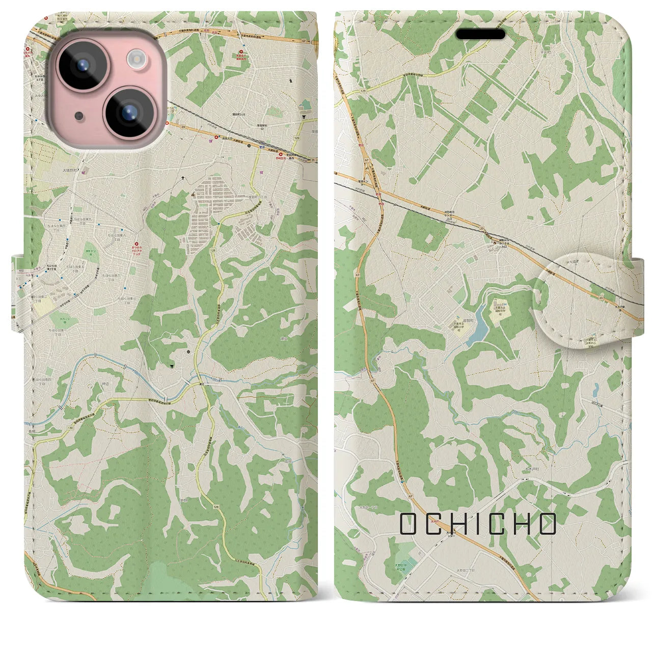 【越智町(千葉県)】地図柄iPhoneケース(手帳タイプ)ナチュラル・iPhone 15 Plus 用