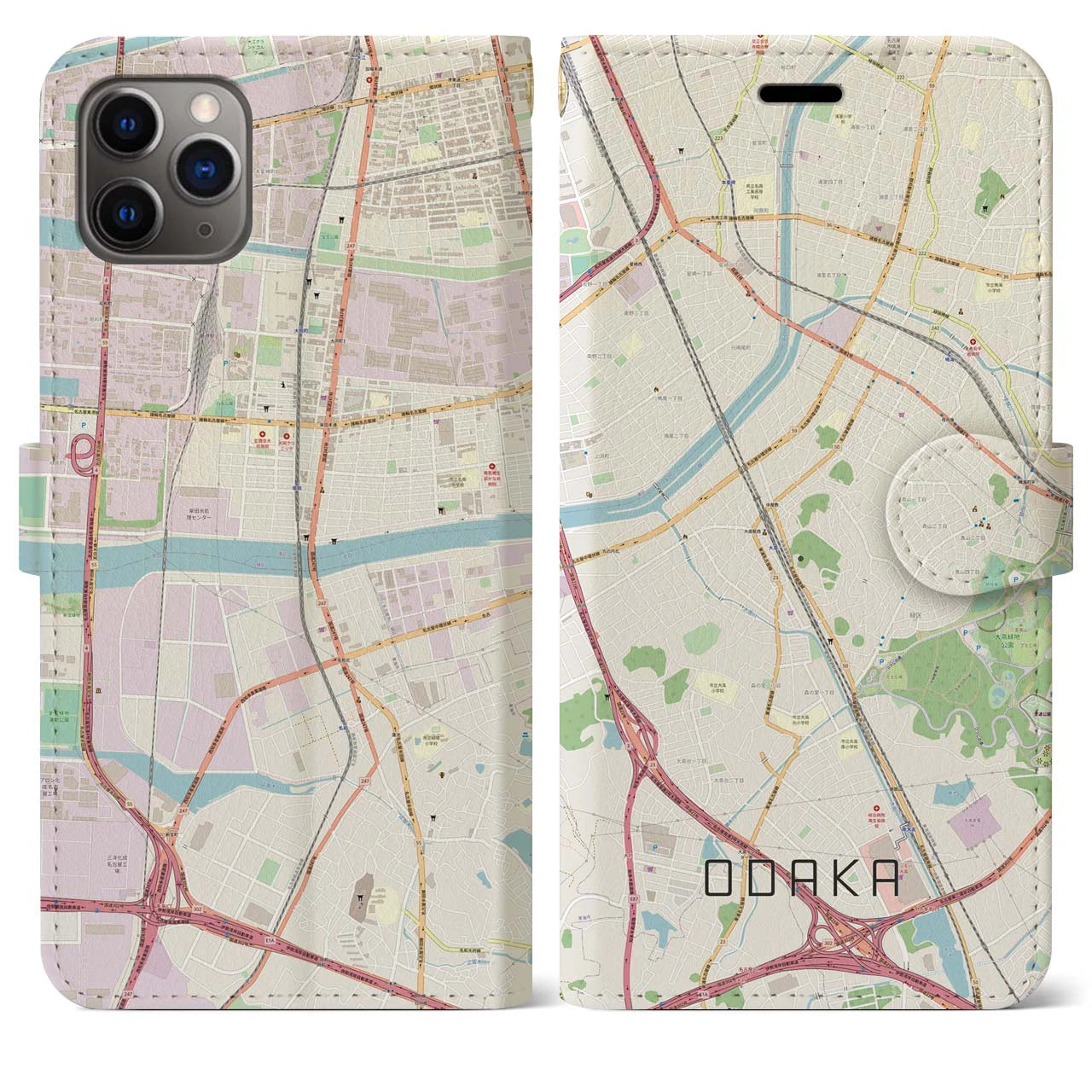 【大高(愛知県)】地図柄iPhoneケース(手帳タイプ)ナチュラル・iPhone 11 Pro Max 用