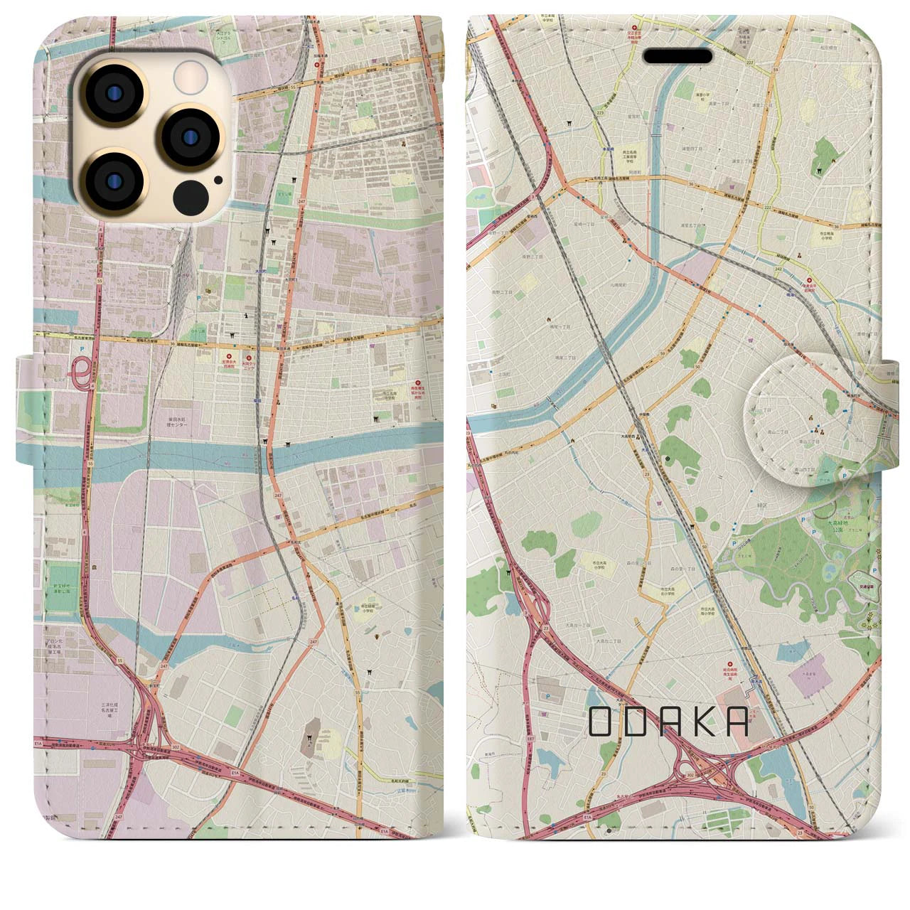 【大高(愛知県)】地図柄iPhoneケース(手帳タイプ)ナチュラル・iPhone 12 Pro Max 用