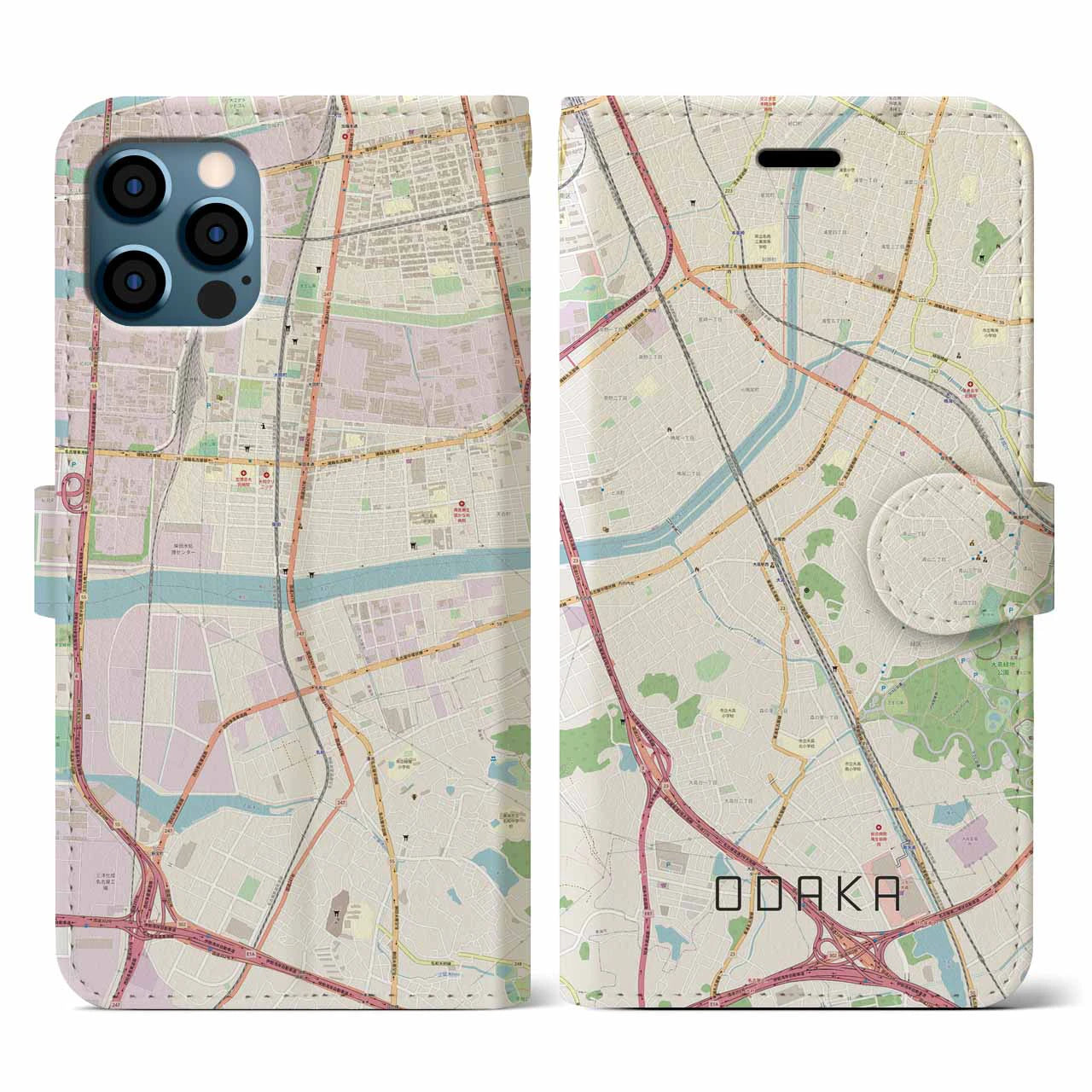 【大高(愛知県)】地図柄iPhoneケース(手帳タイプ)ナチュラル・iPhone 12 / 12 Pro 用