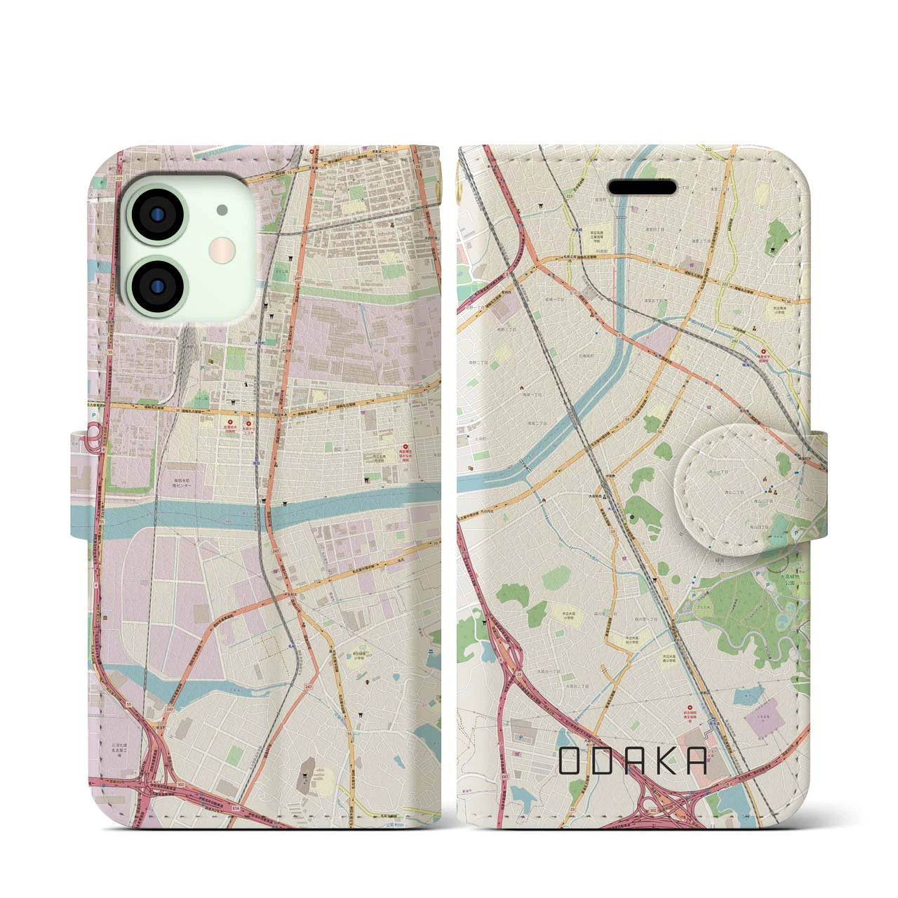 【大高(愛知県)】地図柄iPhoneケース(手帳タイプ)ナチュラル・iPhone 12 mini 用