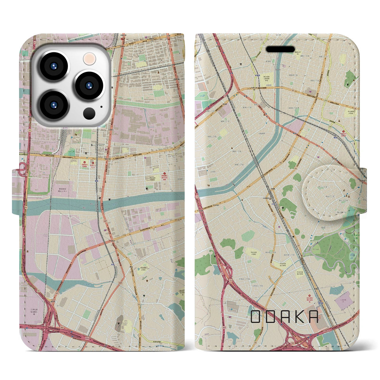 【大高(愛知県)】地図柄iPhoneケース(手帳タイプ)ナチュラル・iPhone 13 Pro 用