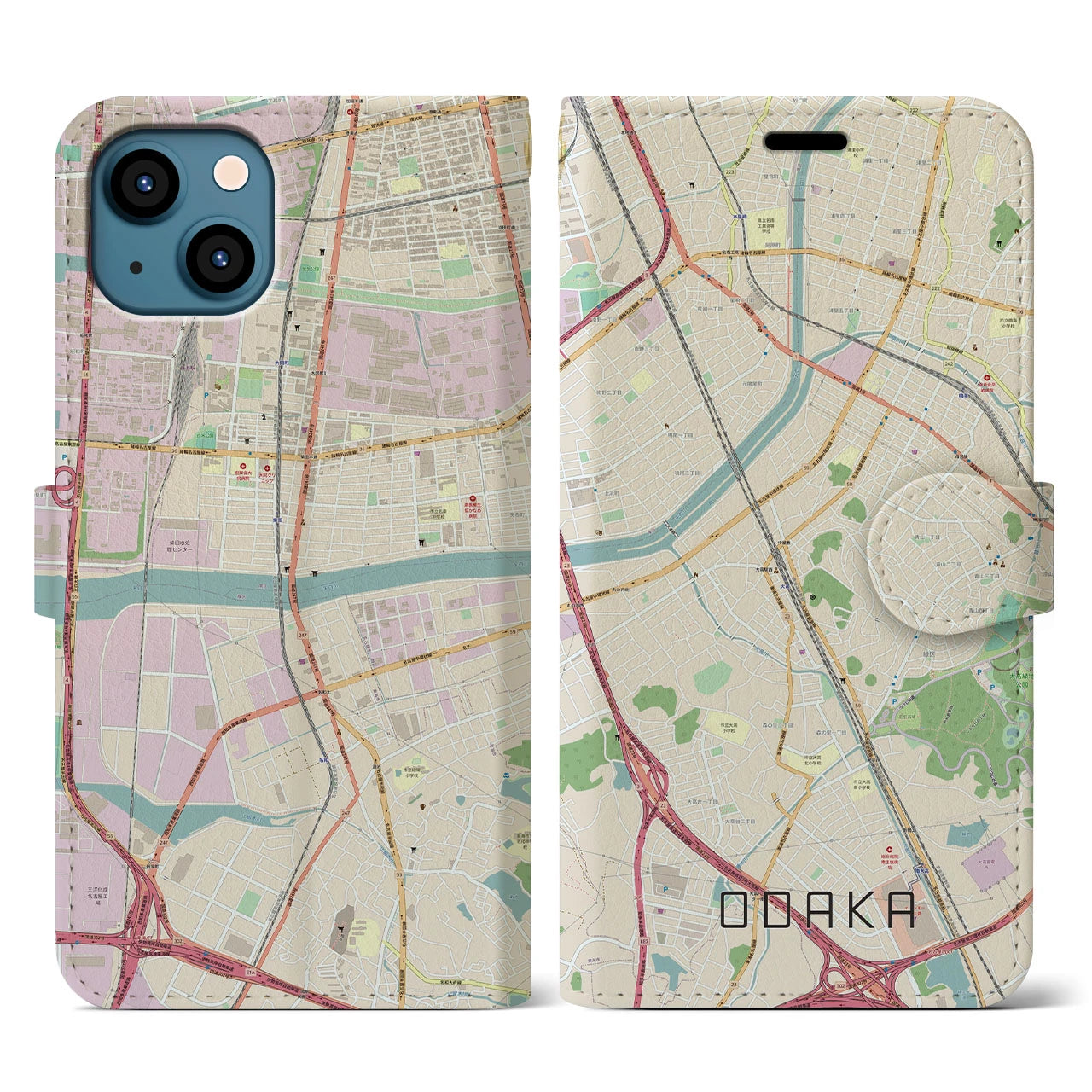 【大高(愛知県)】地図柄iPhoneケース(手帳タイプ)ナチュラル・iPhone 13 用