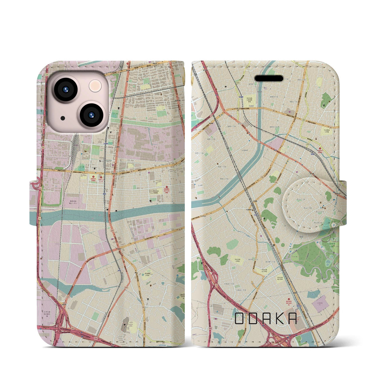 【大高(愛知県)】地図柄iPhoneケース(手帳タイプ)ナチュラル・iPhone 13 mini 用