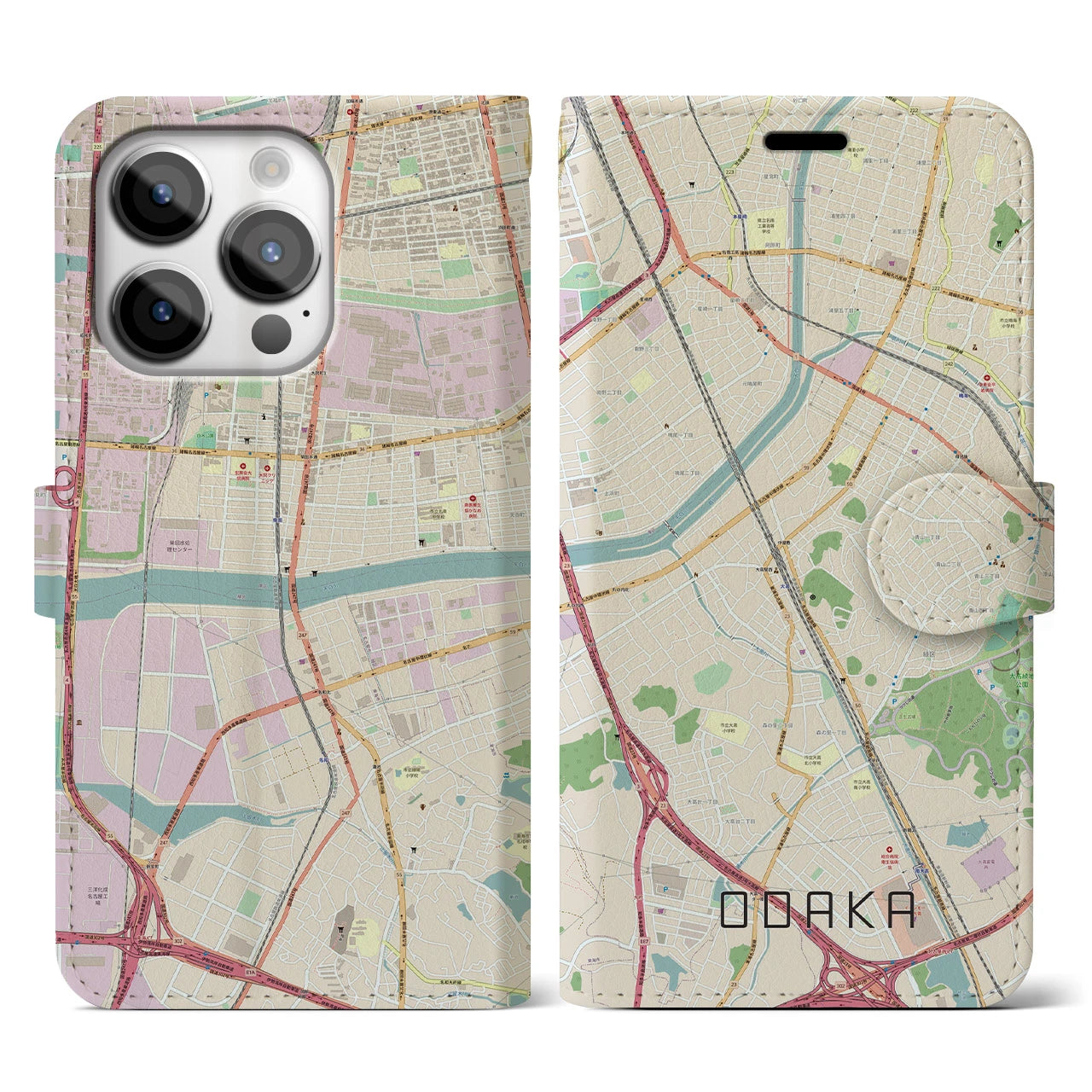 【大高(愛知県)】地図柄iPhoneケース(手帳タイプ)ナチュラル・iPhone 14 Pro 用