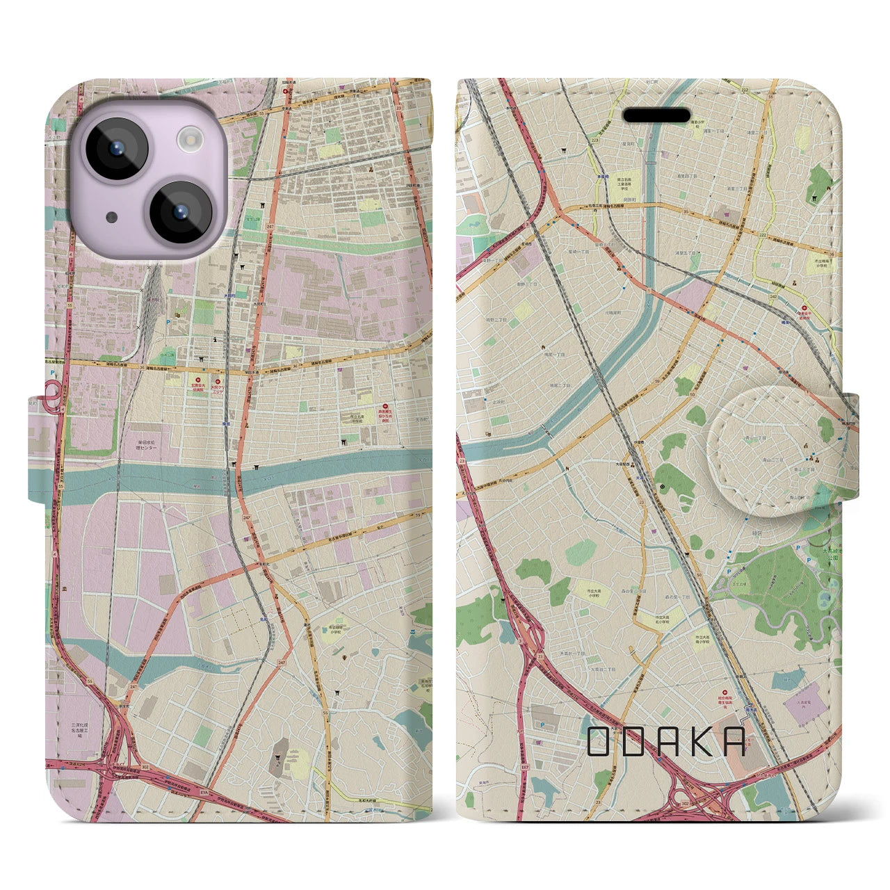 【大高(愛知県)】地図柄iPhoneケース(手帳タイプ)ナチュラル・iPhone 14 用
