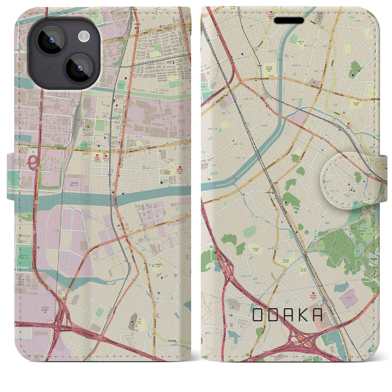 【大高(愛知県)】地図柄iPhoneケース(手帳タイプ)ナチュラル・iPhone 14 Plus 用