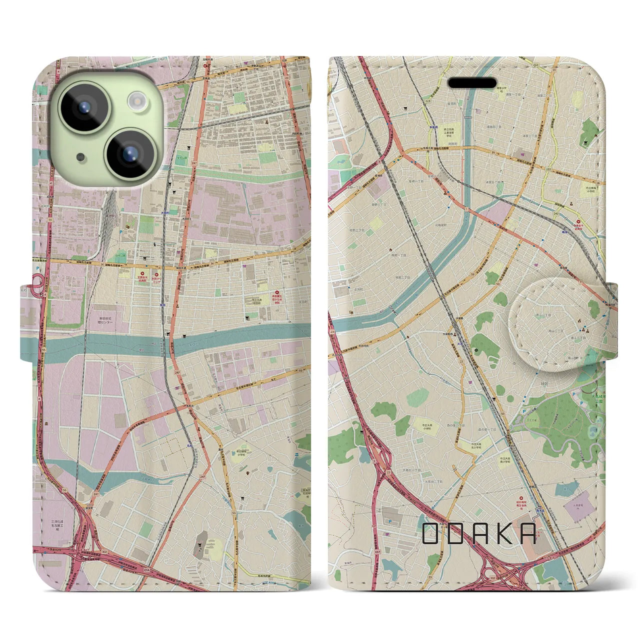 【大高(愛知県)】地図柄iPhoneケース(手帳タイプ)ナチュラル・iPhone 15 用
