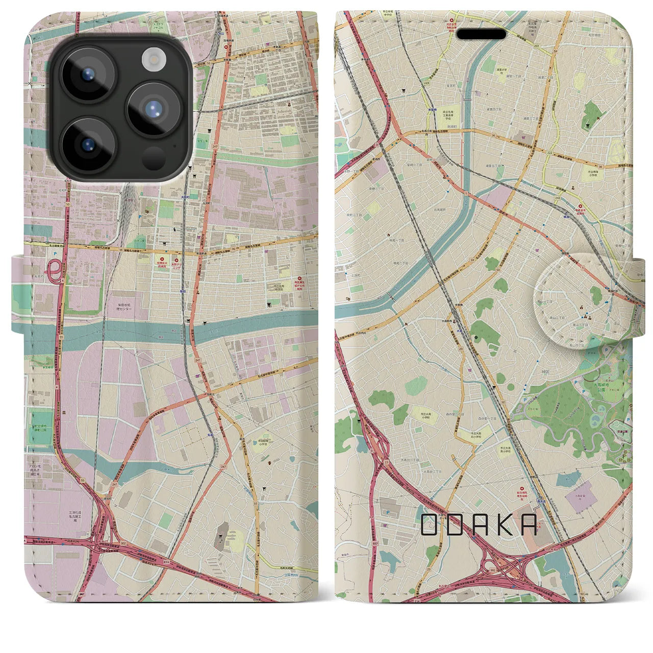 【大高(愛知県)】地図柄iPhoneケース(手帳タイプ)ナチュラル・iPhone 15 Pro Max 用
