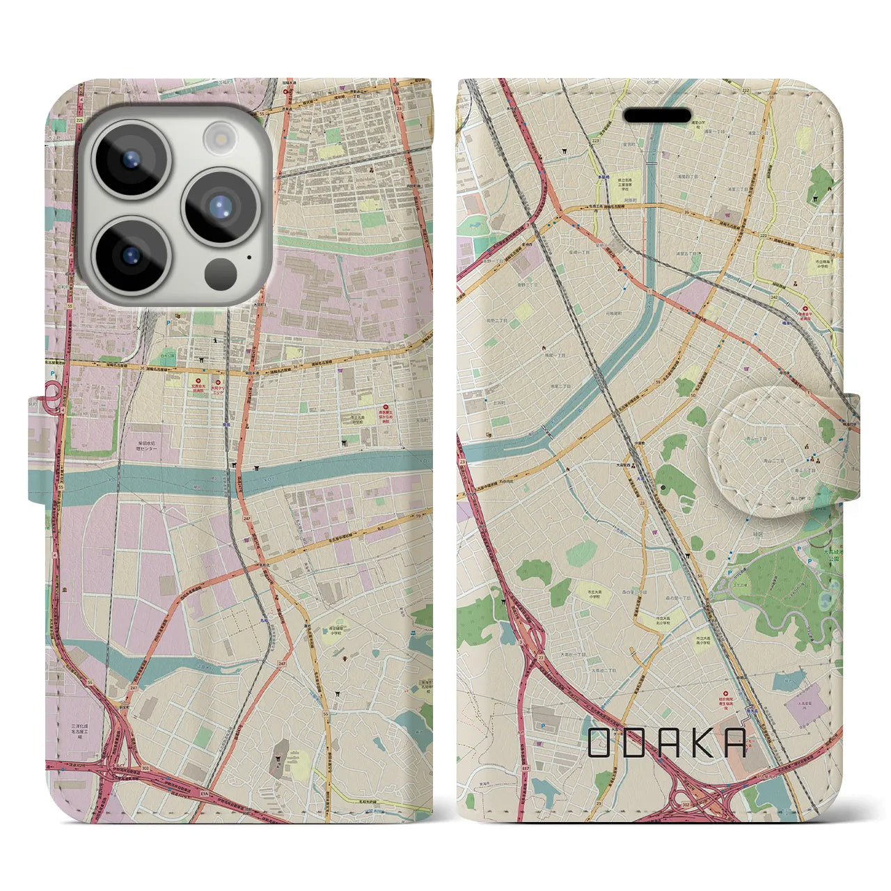 【大高(愛知県)】地図柄iPhoneケース(手帳タイプ)ナチュラル・iPhone 15 Pro 用