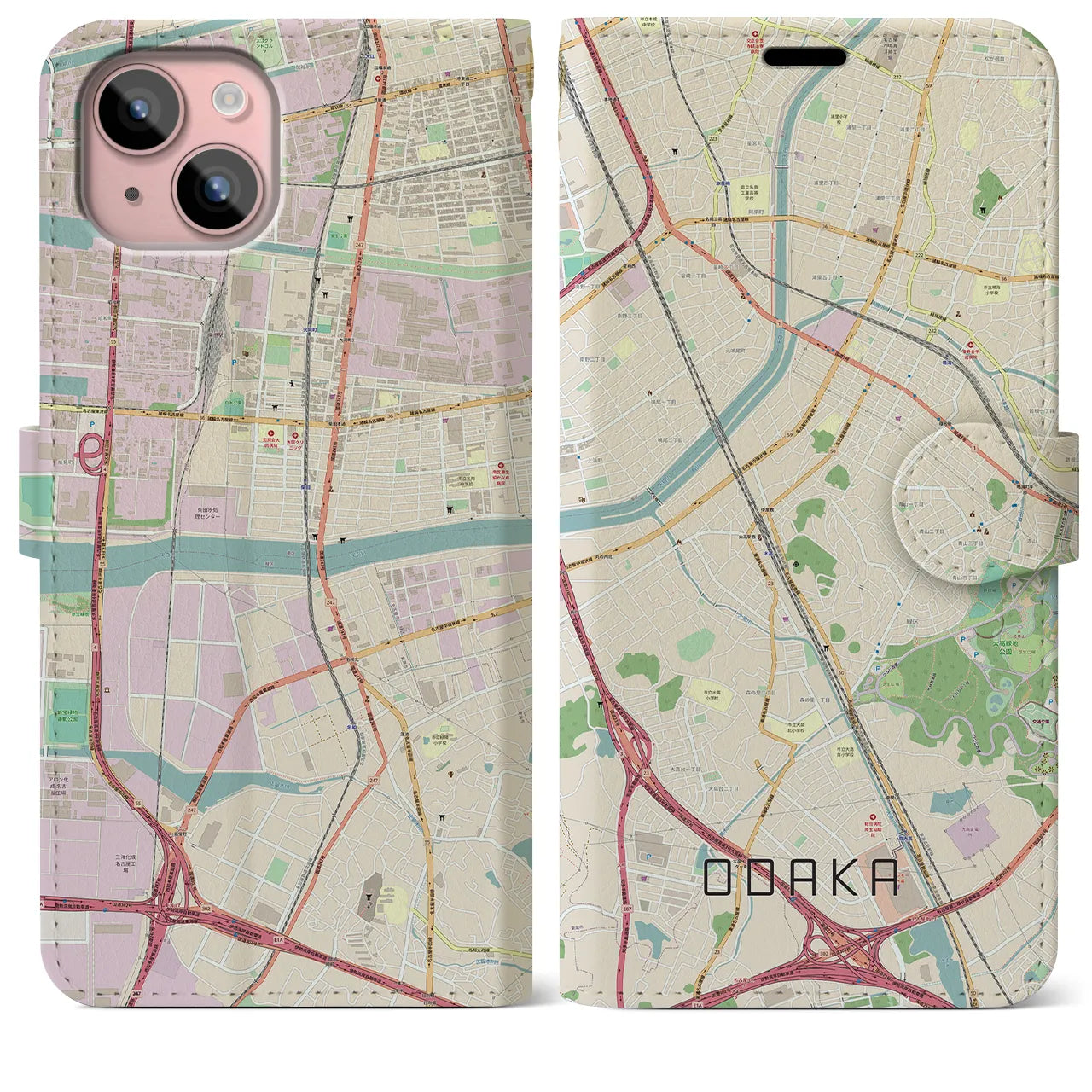 【大高(愛知県)】地図柄iPhoneケース(手帳タイプ)ナチュラル・iPhone 15 Plus 用