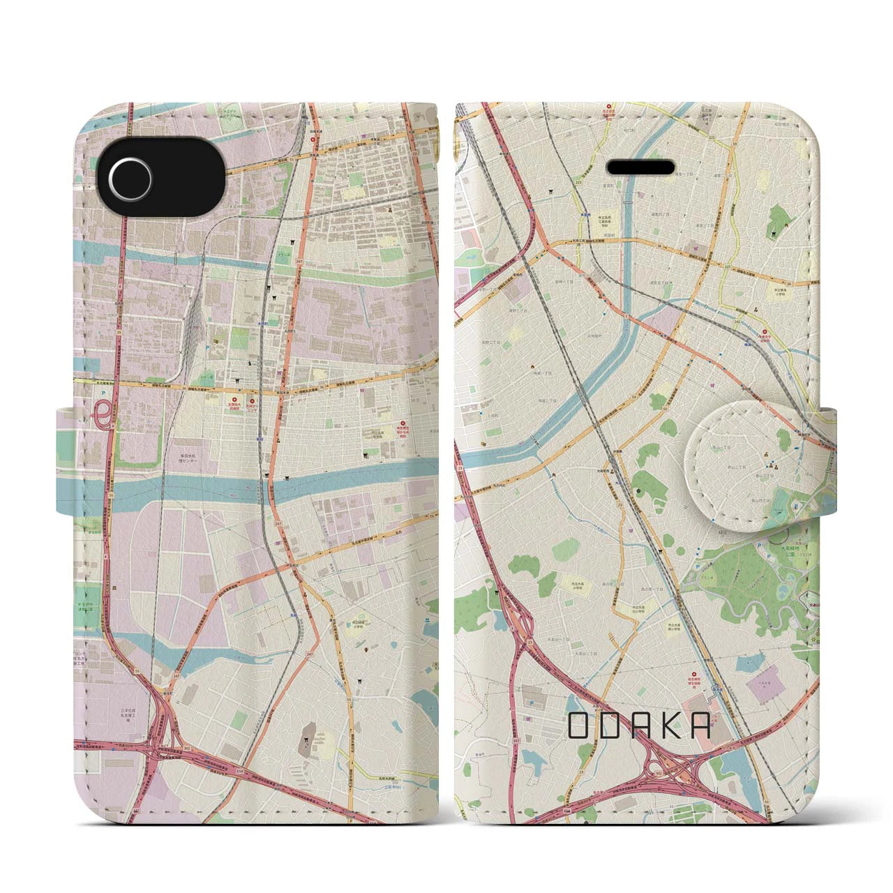 【大高(愛知県)】地図柄iPhoneケース(手帳タイプ)ナチュラル・iPhone SE(第3 / 第2世代) / 8 / 7 / 6s / 6 用