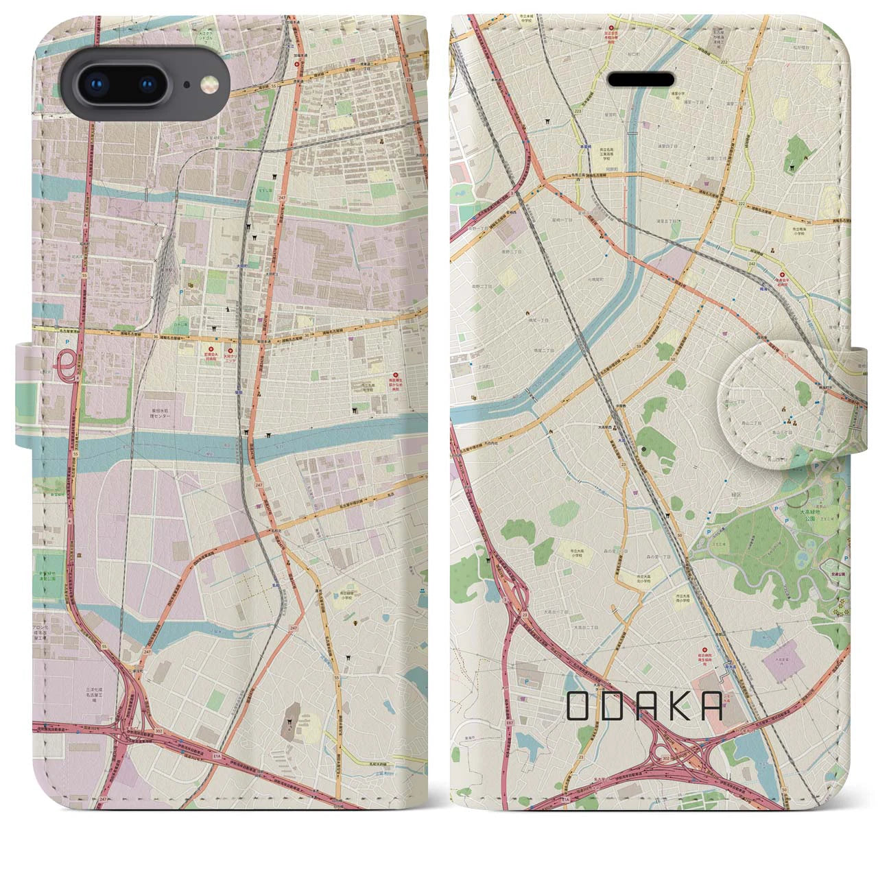 【大高(愛知県)】地図柄iPhoneケース(手帳タイプ)ナチュラル・iPhone 8Plus /7Plus / 6sPlus / 6Plus 用