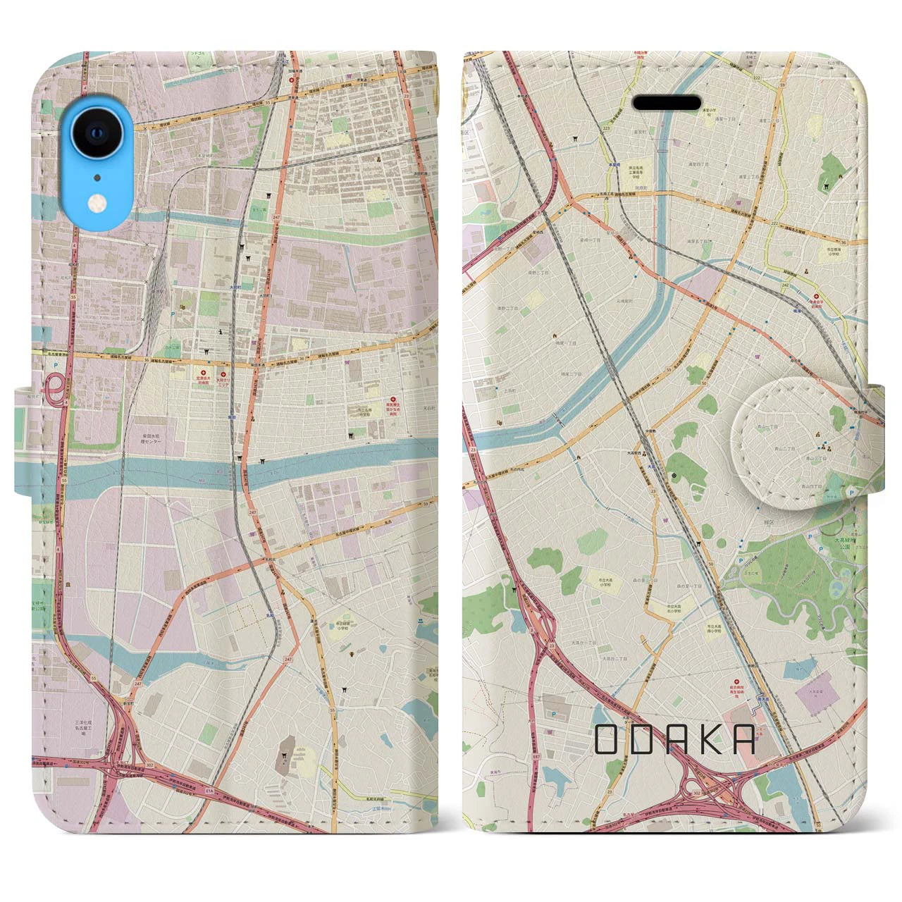 【大高(愛知県)】地図柄iPhoneケース(手帳タイプ)ナチュラル・iPhone XR 用