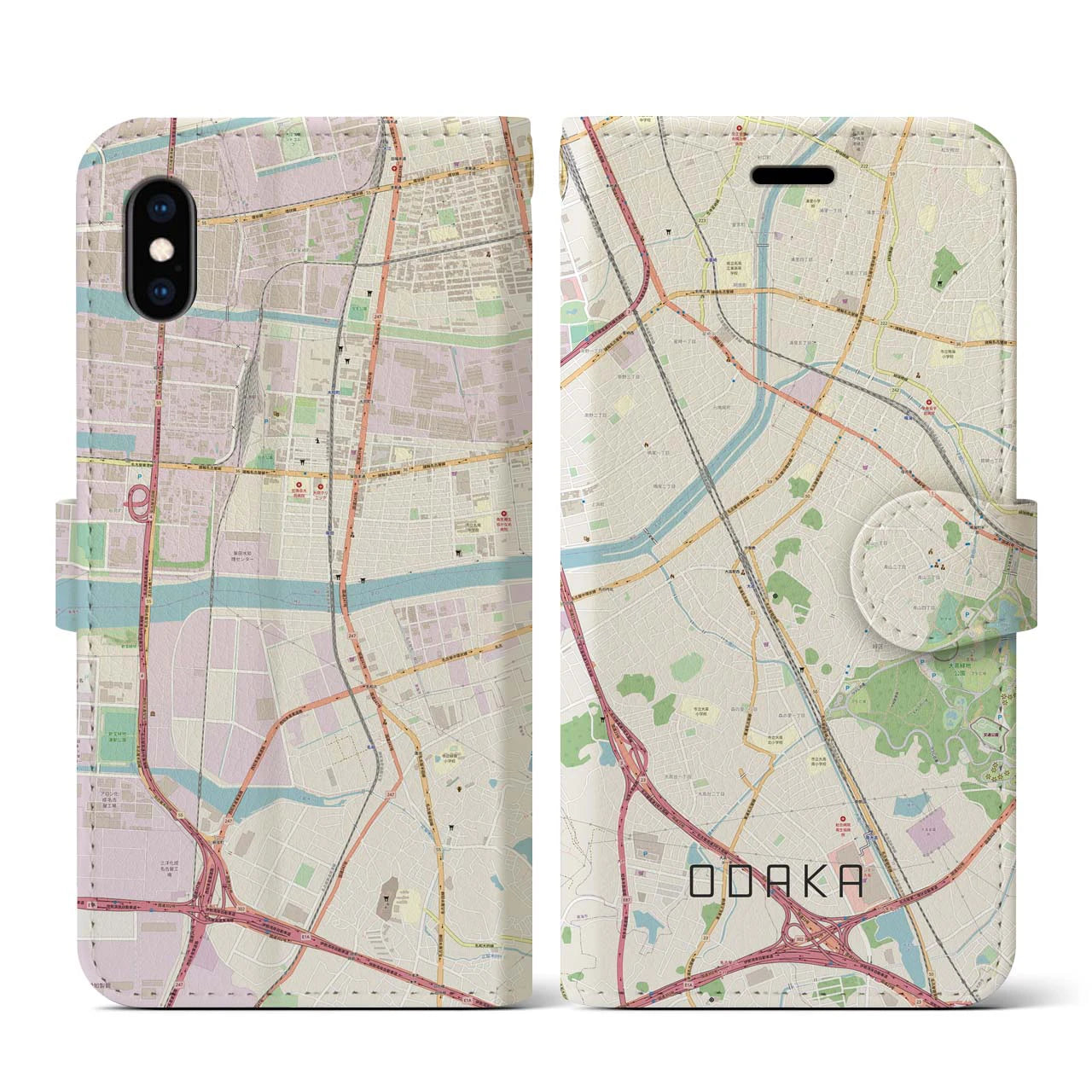 【大高(愛知県)】地図柄iPhoneケース(手帳タイプ)ナチュラル・iPhone XS / X 用