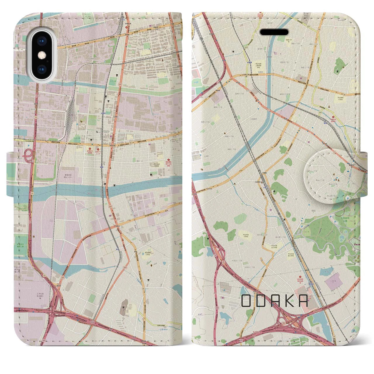 【大高(愛知県)】地図柄iPhoneケース(手帳タイプ)ナチュラル・iPhone XS Max 用