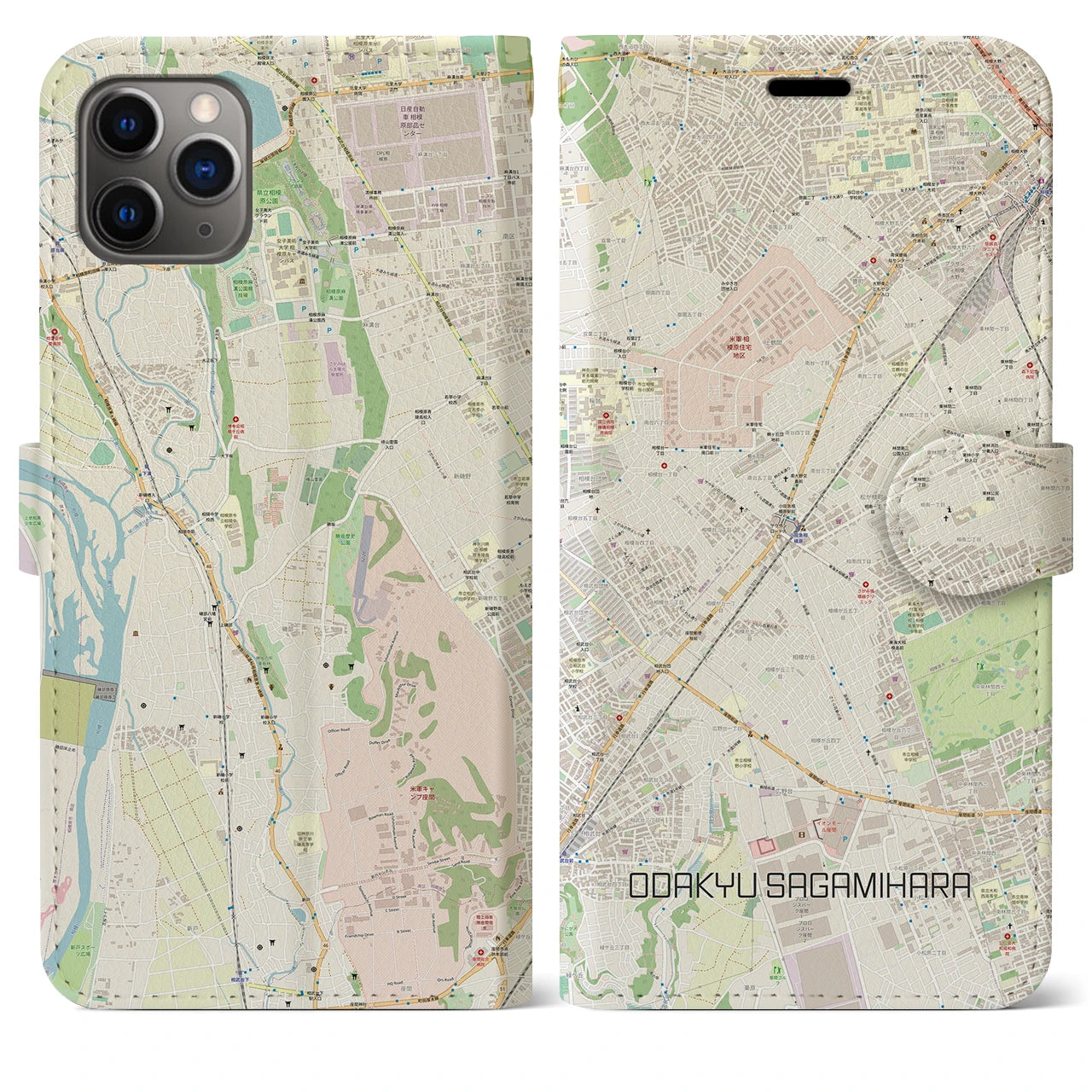 【小田急相模原(神奈川県)】地図柄iPhoneケース(手帳タイプ)ナチュラル・iPhone 11 Pro Max 用