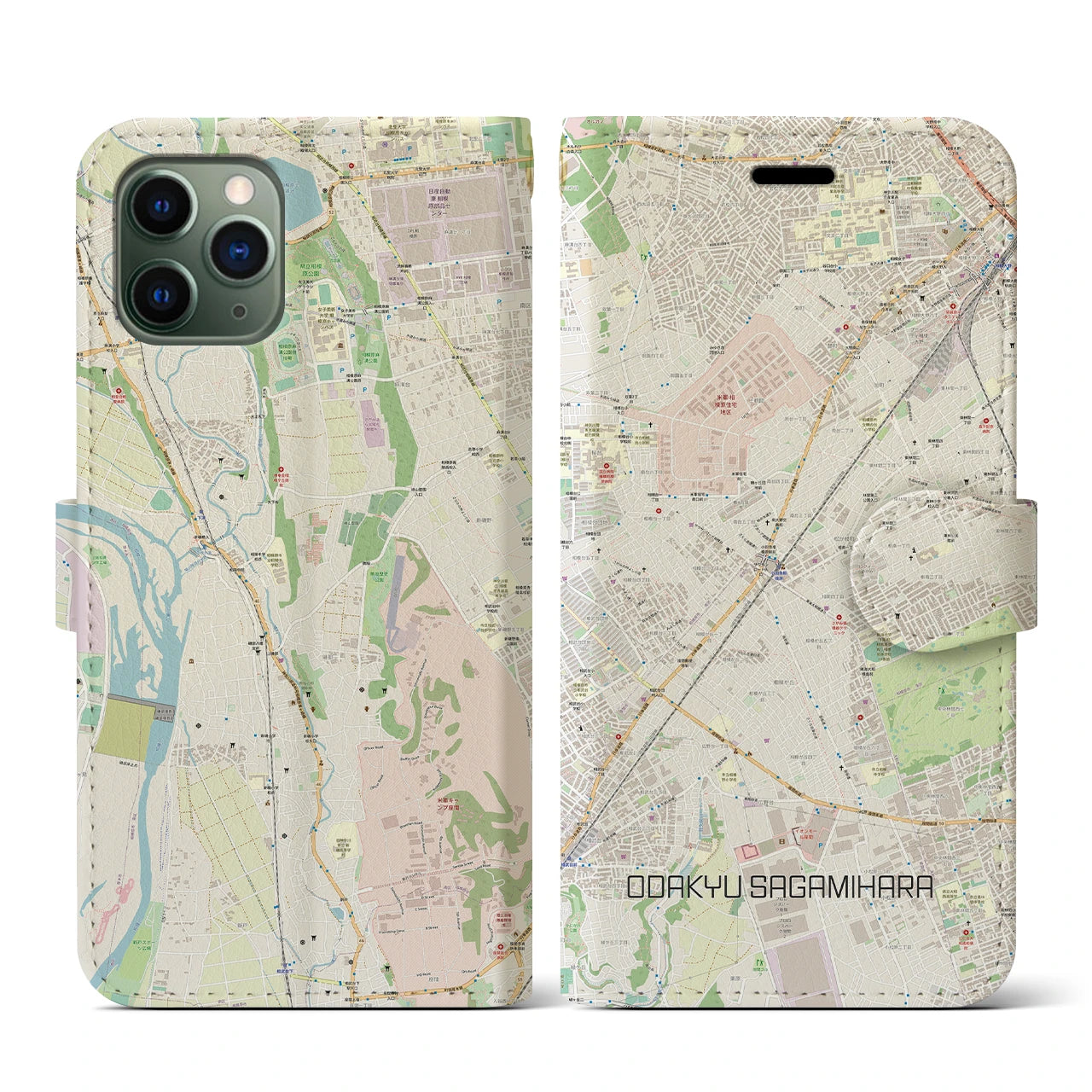【小田急相模原(神奈川県)】地図柄iPhoneケース(手帳タイプ)ナチュラル・iPhone 11 Pro 用