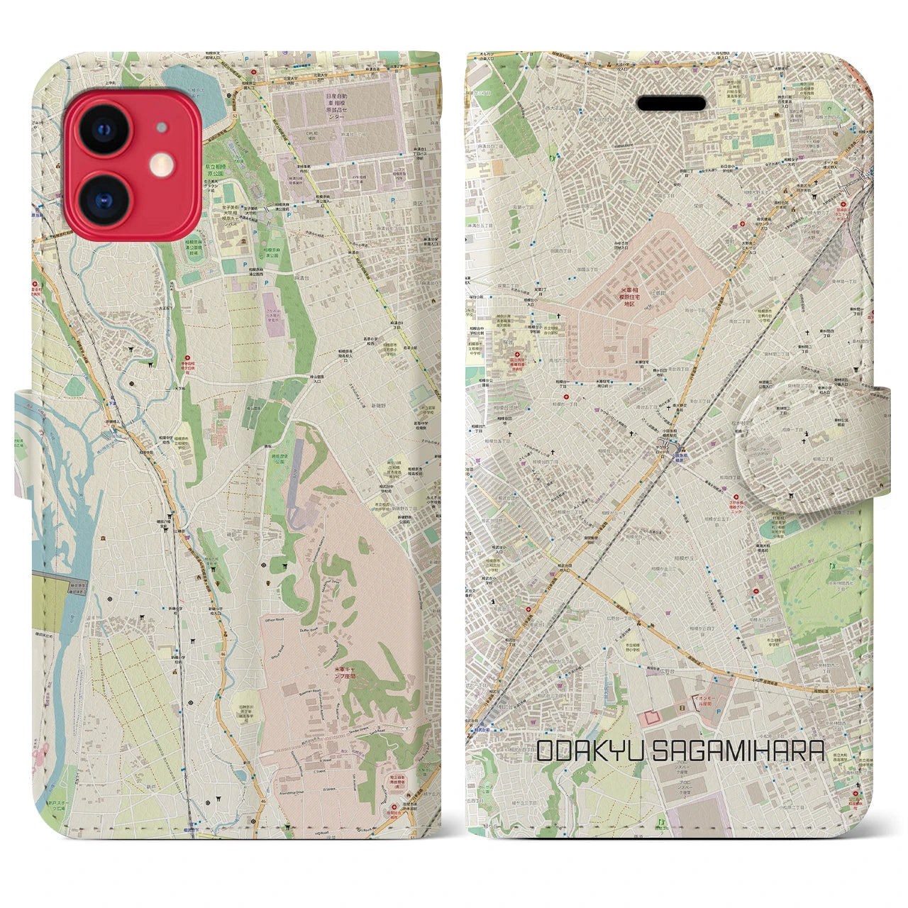【小田急相模原(神奈川県)】地図柄iPhoneケース(手帳タイプ)ナチュラル・iPhone 11 用