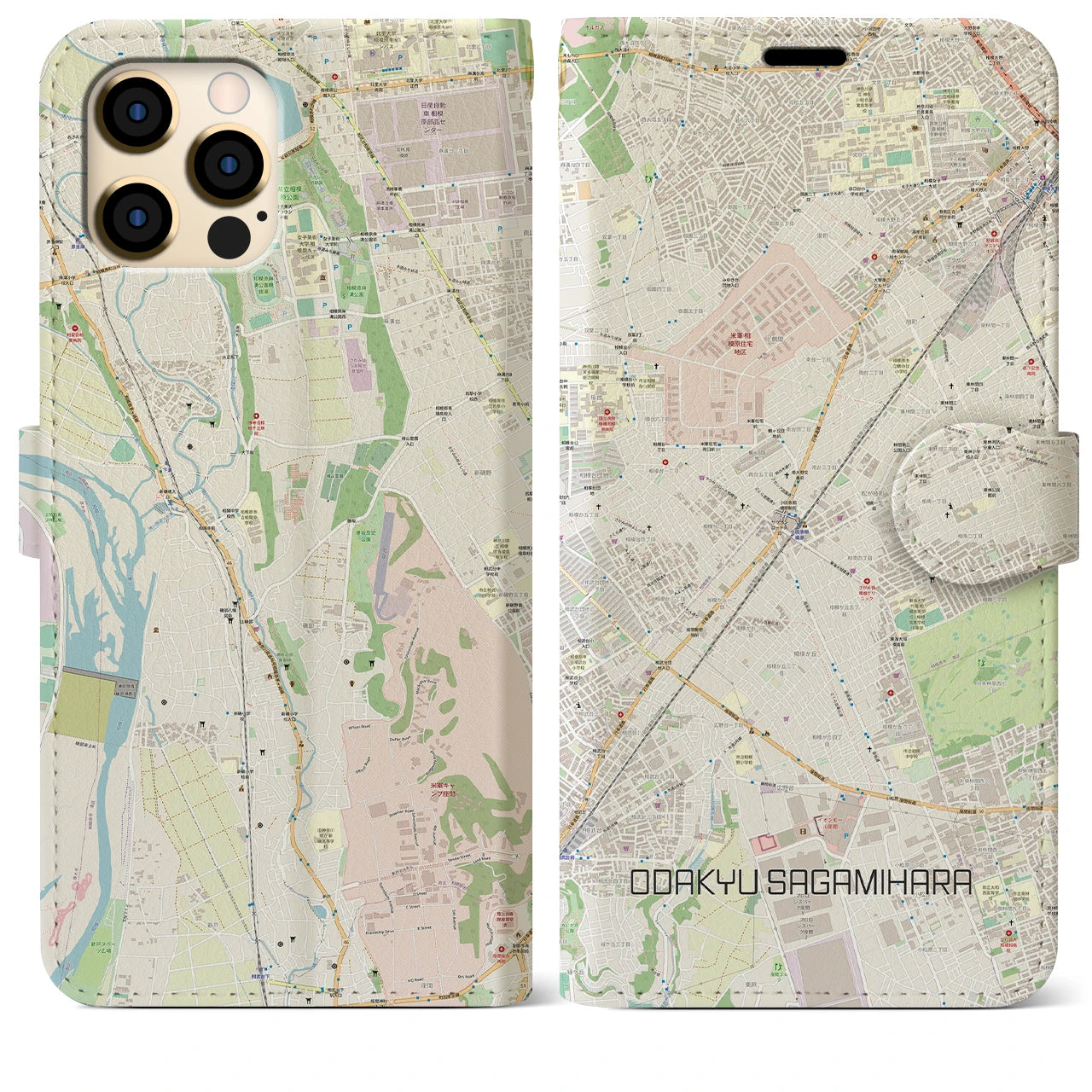 【小田急相模原(神奈川県)】地図柄iPhoneケース(手帳タイプ)ナチュラル・iPhone 12 Pro Max 用