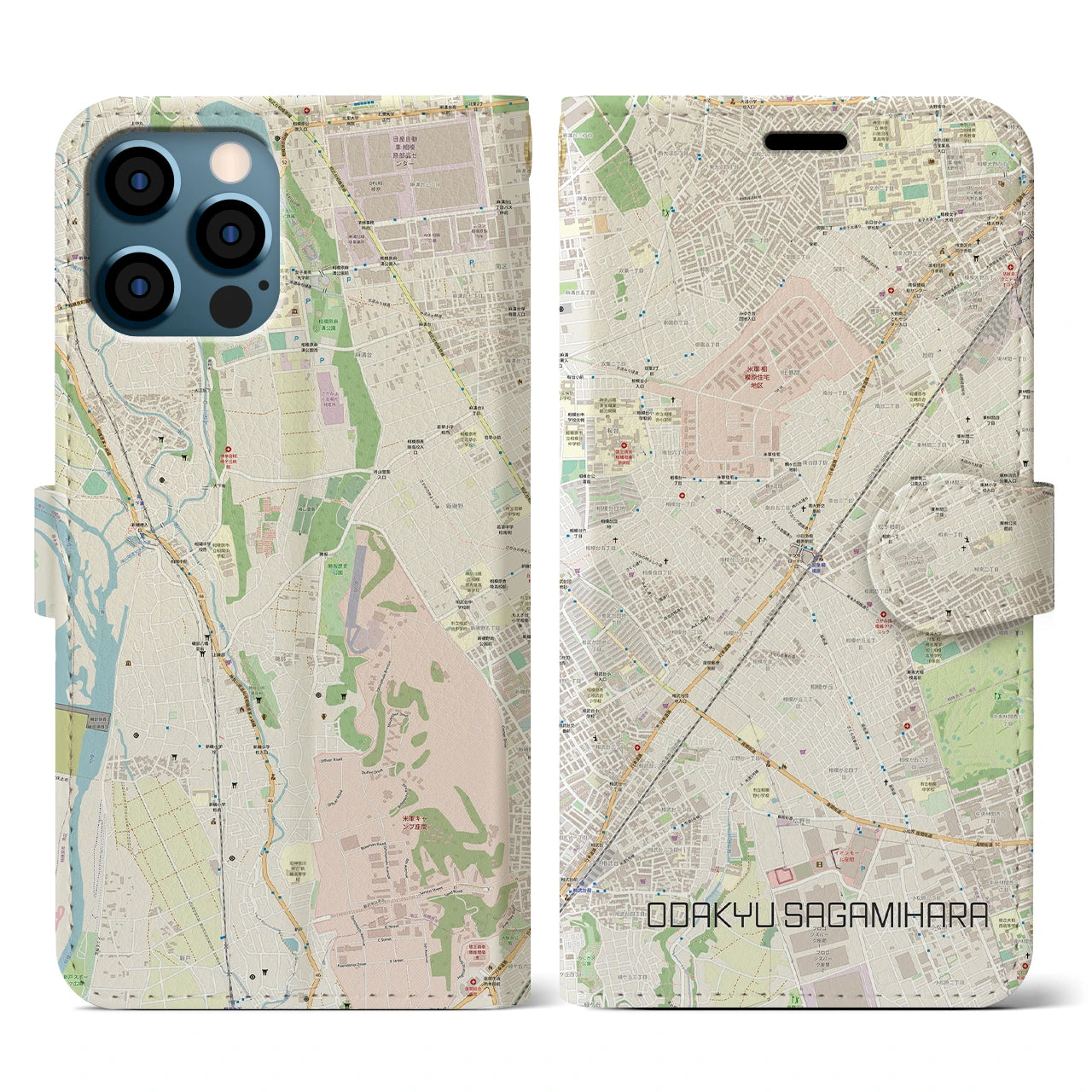 【小田急相模原(神奈川県)】地図柄iPhoneケース(手帳タイプ)ナチュラル・iPhone 12 / 12 Pro 用