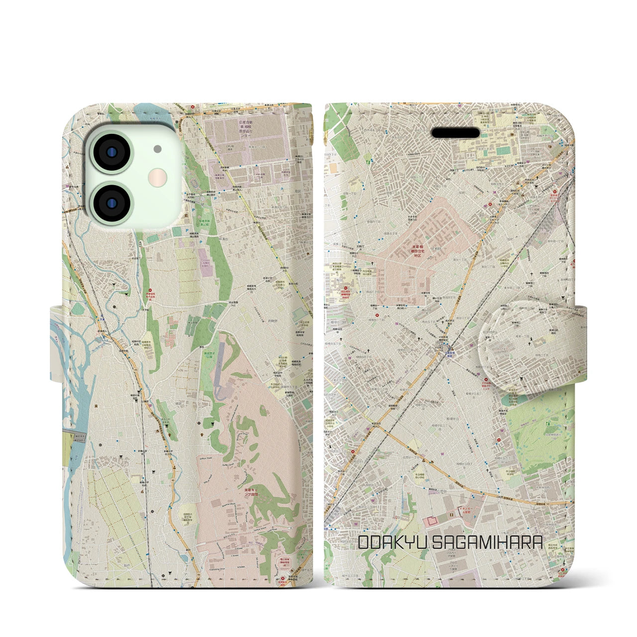 【小田急相模原(神奈川県)】地図柄iPhoneケース(手帳タイプ)ナチュラル・iPhone 12 mini 用