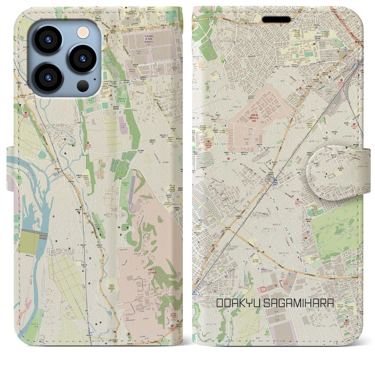 【小田急相模原(神奈川県)】地図柄iPhoneケース(手帳タイプ)ナチュラル・iPhone 13 Pro Max 用