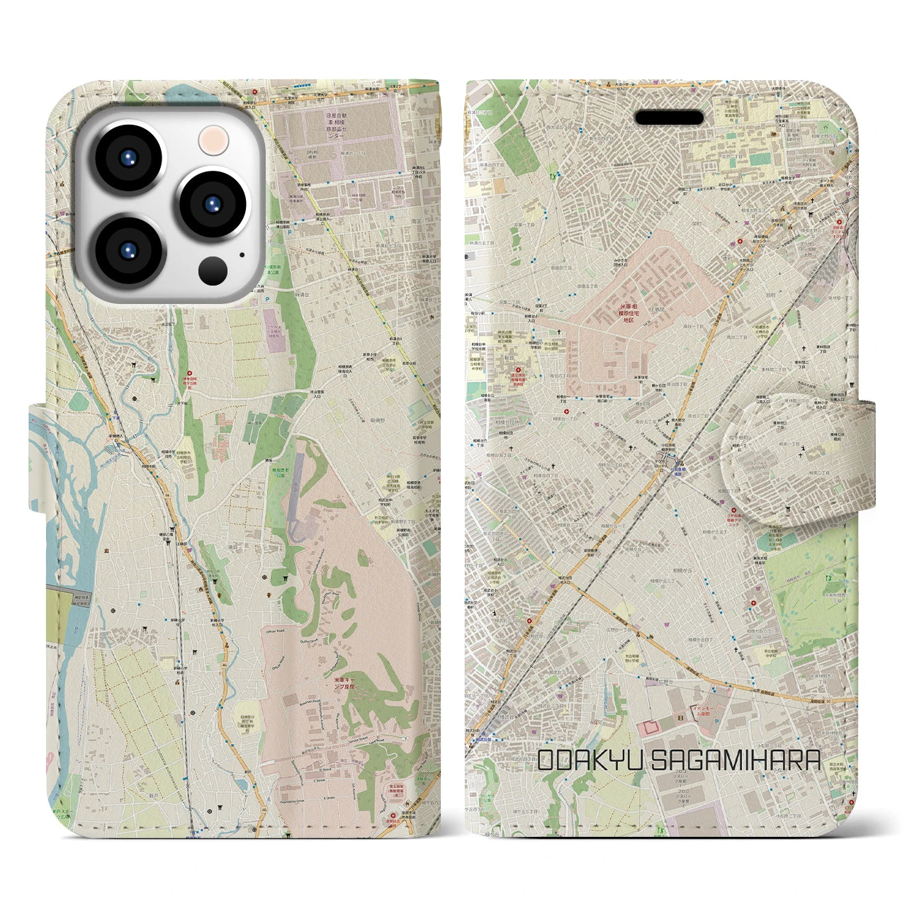 【小田急相模原(神奈川県)】地図柄iPhoneケース(手帳タイプ)ナチュラル・iPhone 13 Pro 用