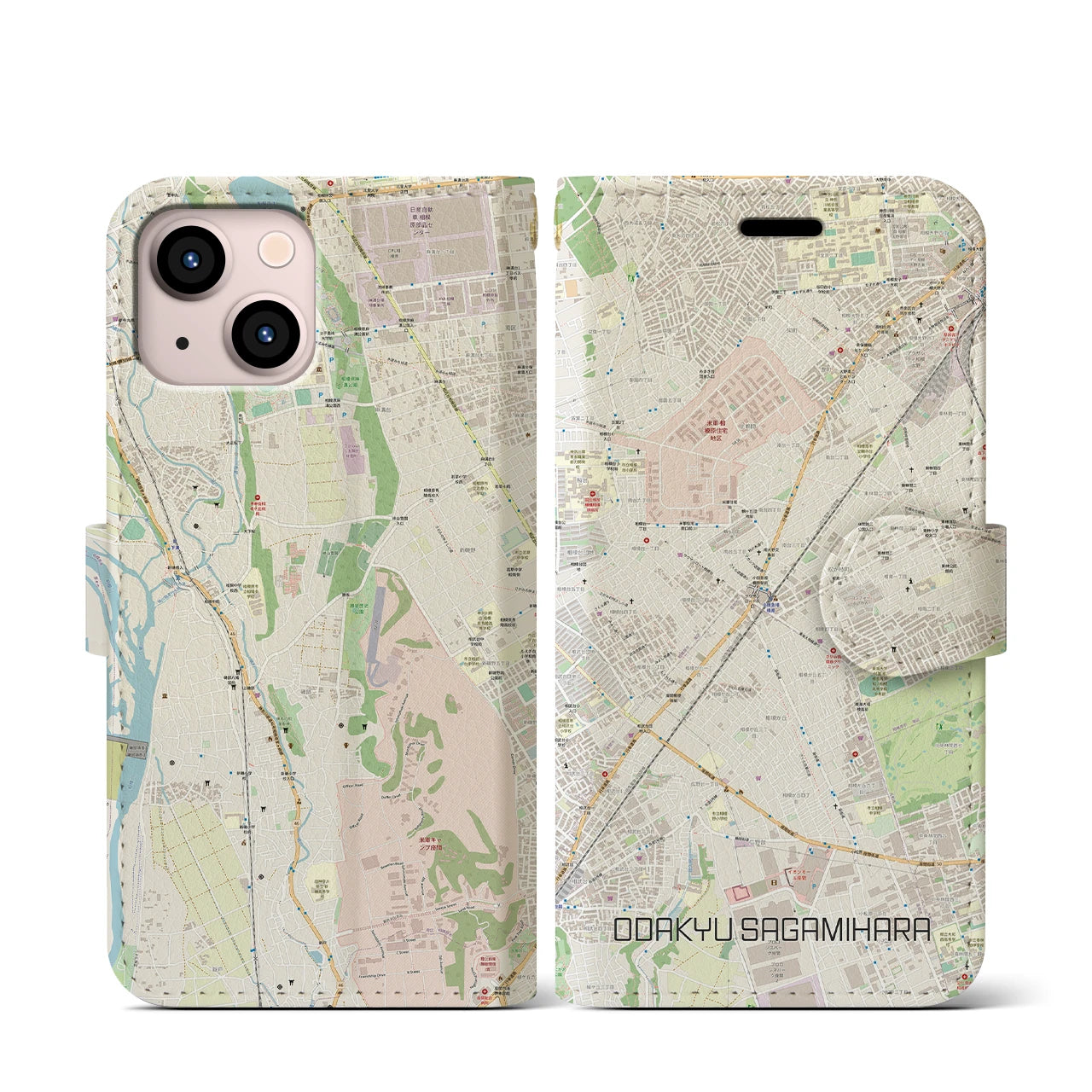 【小田急相模原(神奈川県)】地図柄iPhoneケース(手帳タイプ)ナチュラル・iPhone 13 mini 用