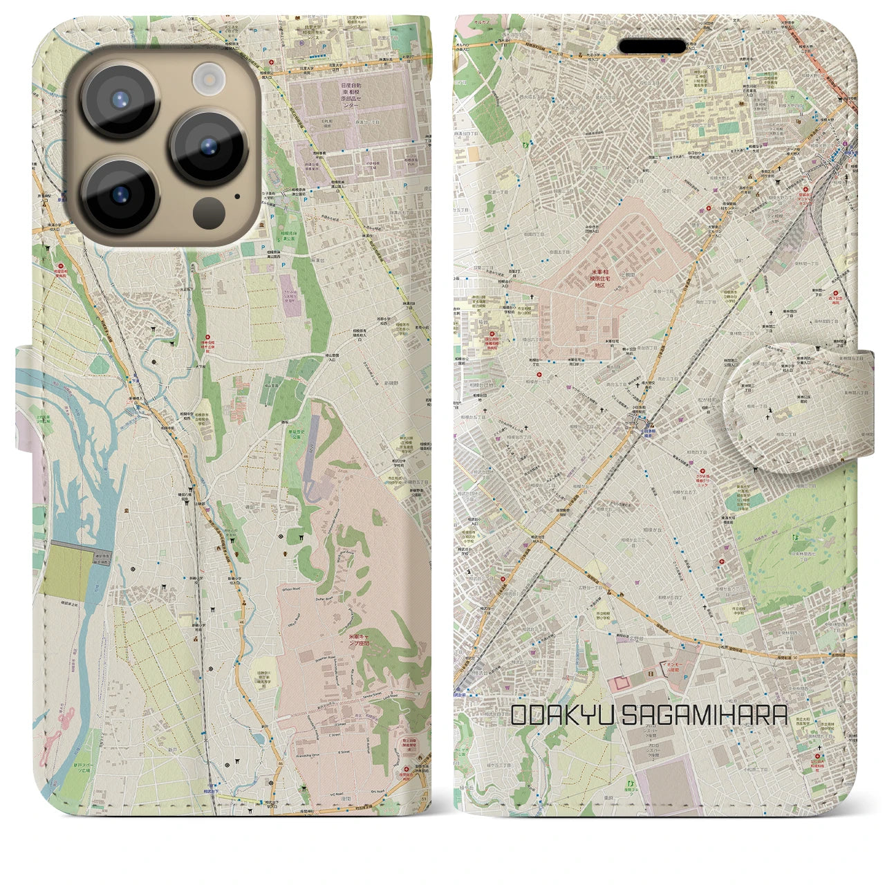 【小田急相模原(神奈川県)】地図柄iPhoneケース(手帳タイプ)ナチュラル・iPhone 14 Pro Max 用
