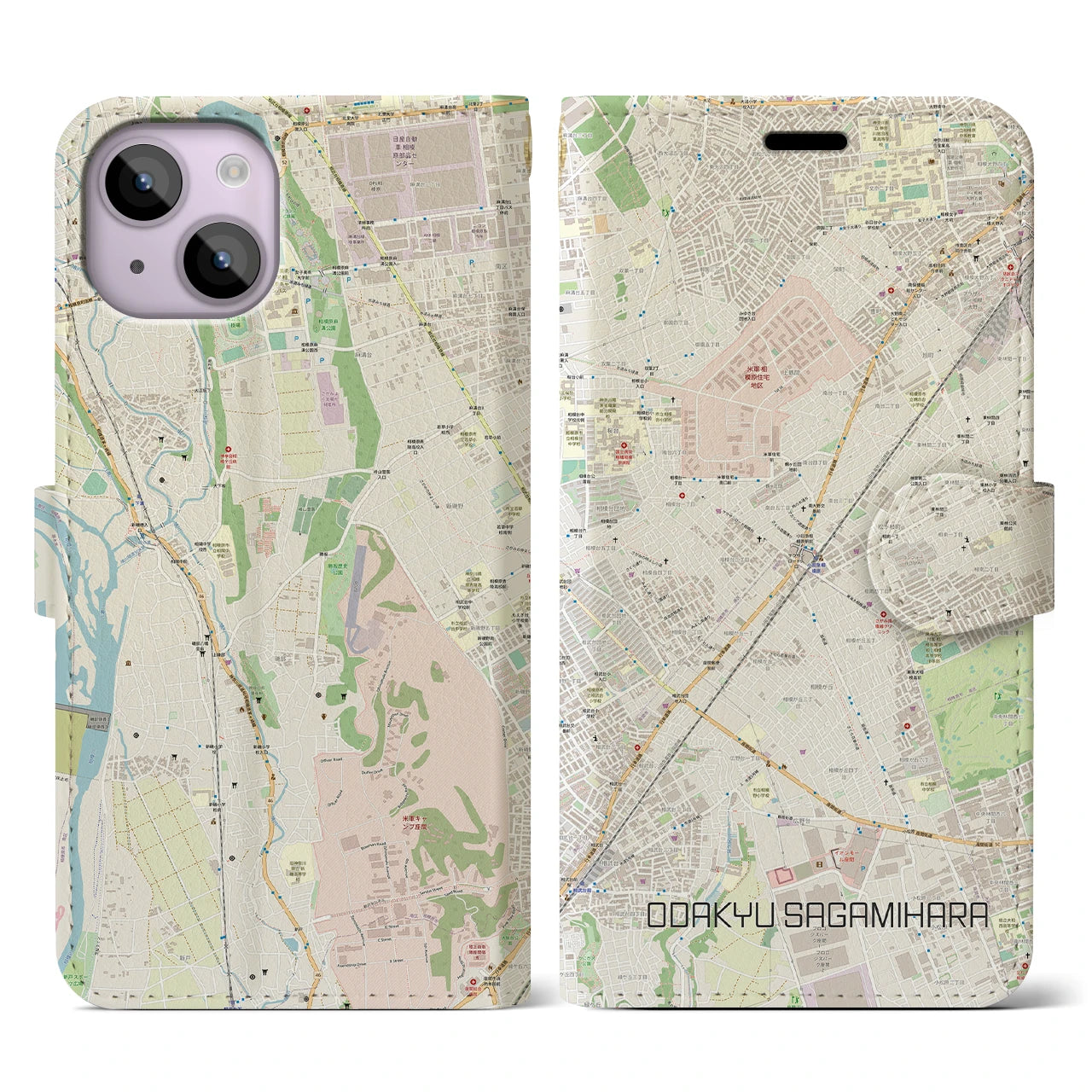 【小田急相模原(神奈川県)】地図柄iPhoneケース(手帳タイプ)ナチュラル・iPhone 14 用