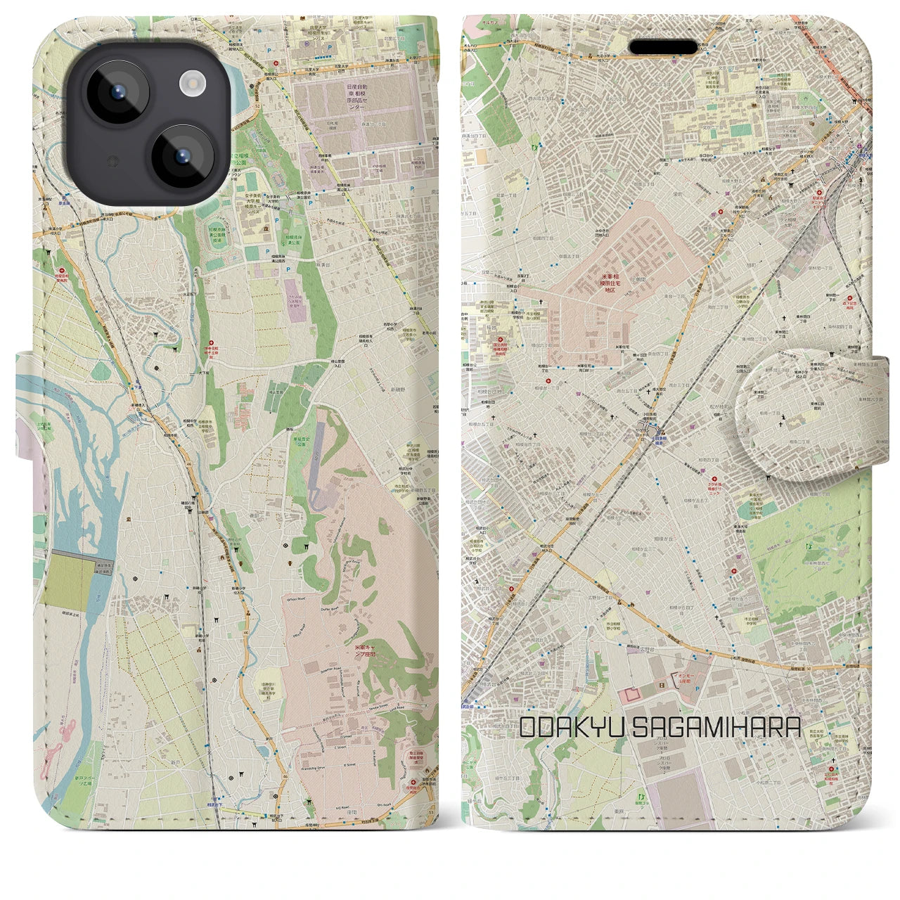 【小田急相模原(神奈川県)】地図柄iPhoneケース(手帳タイプ)ナチュラル・iPhone 14 Plus 用