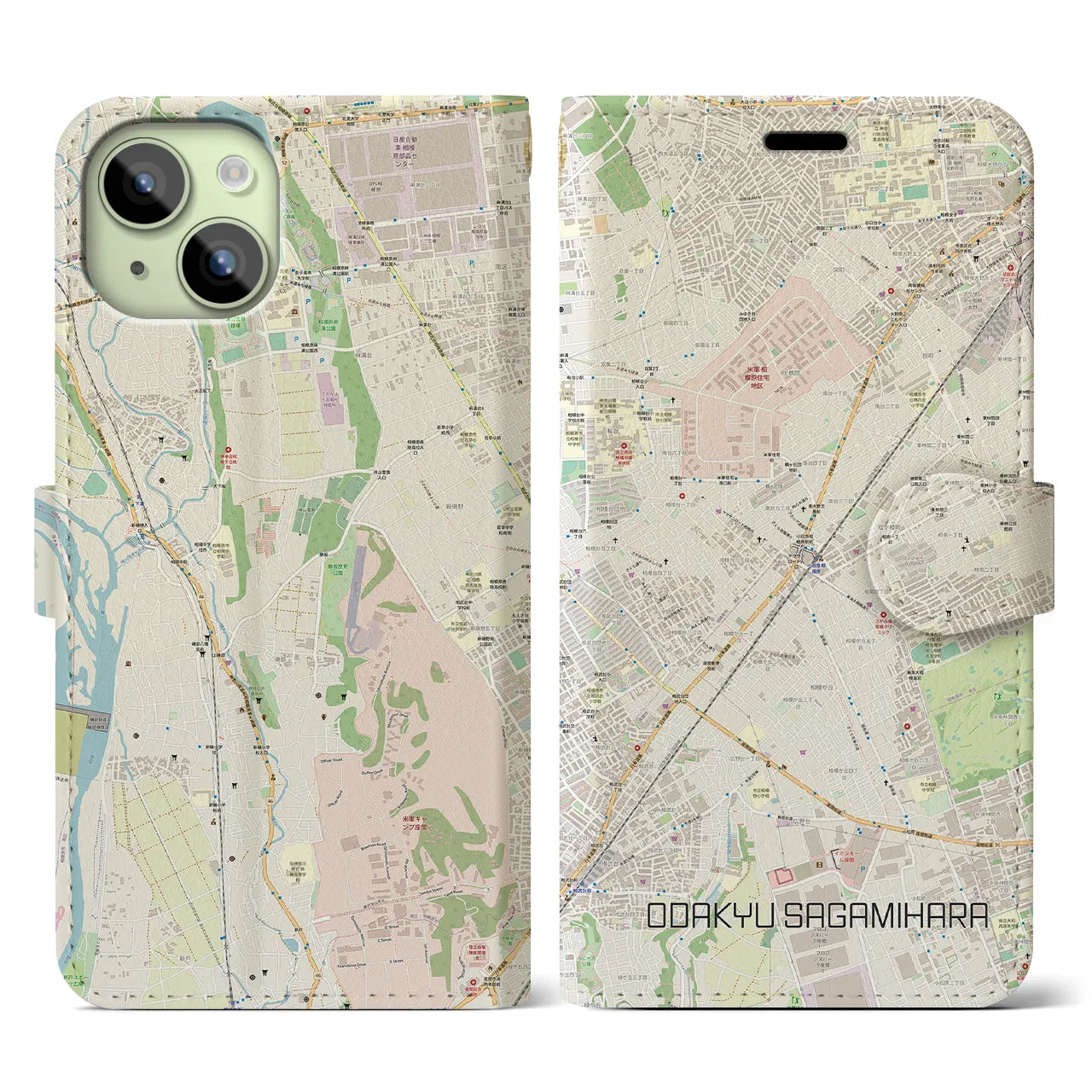 【小田急相模原(神奈川県)】地図柄iPhoneケース(手帳タイプ)ナチュラル・iPhone 15 用